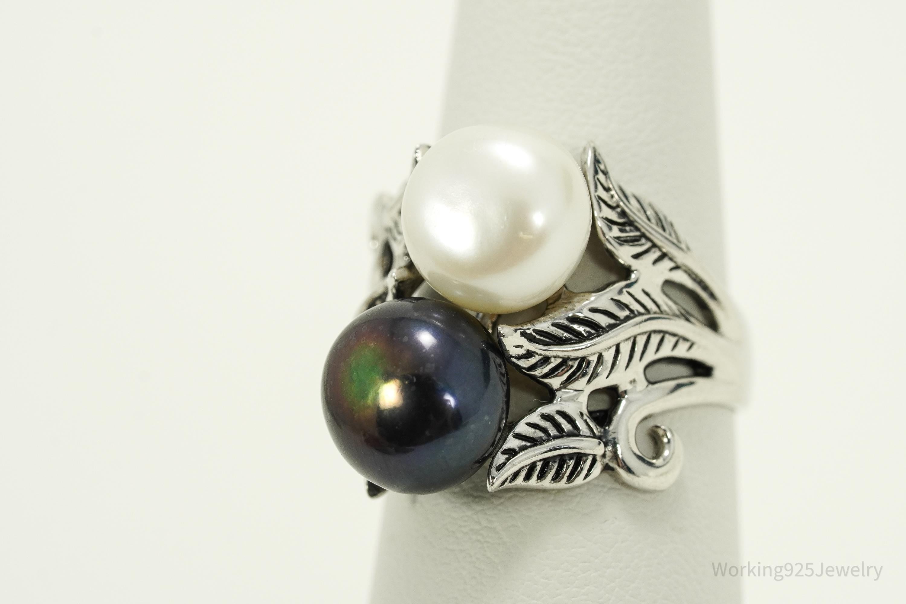 Vintage Designer CFJ White & Tahitian Pearl Sterling Silver Ring Size 7.25