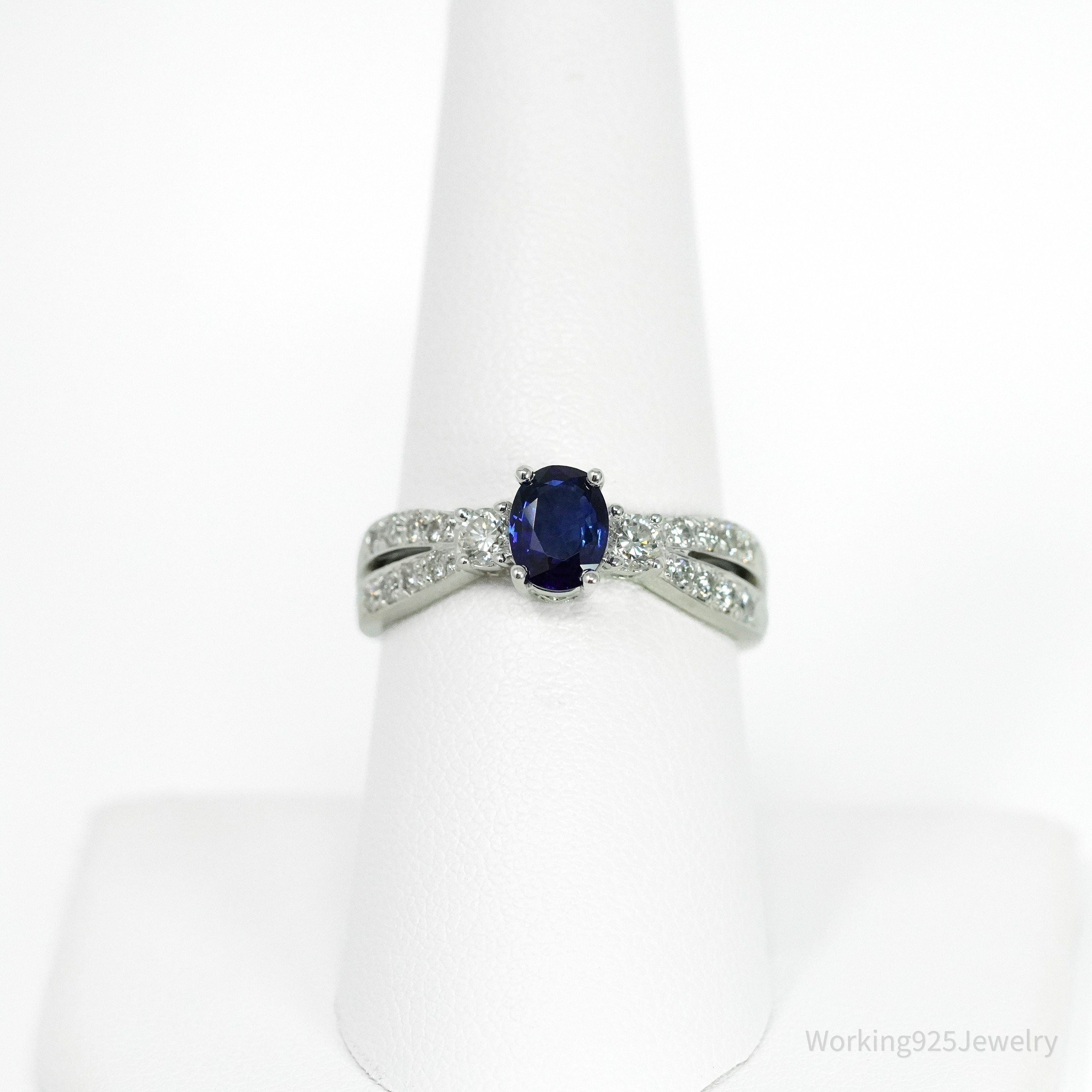 14K White Gold, Sapphire & Diamond Cocktail Ring - Size 8