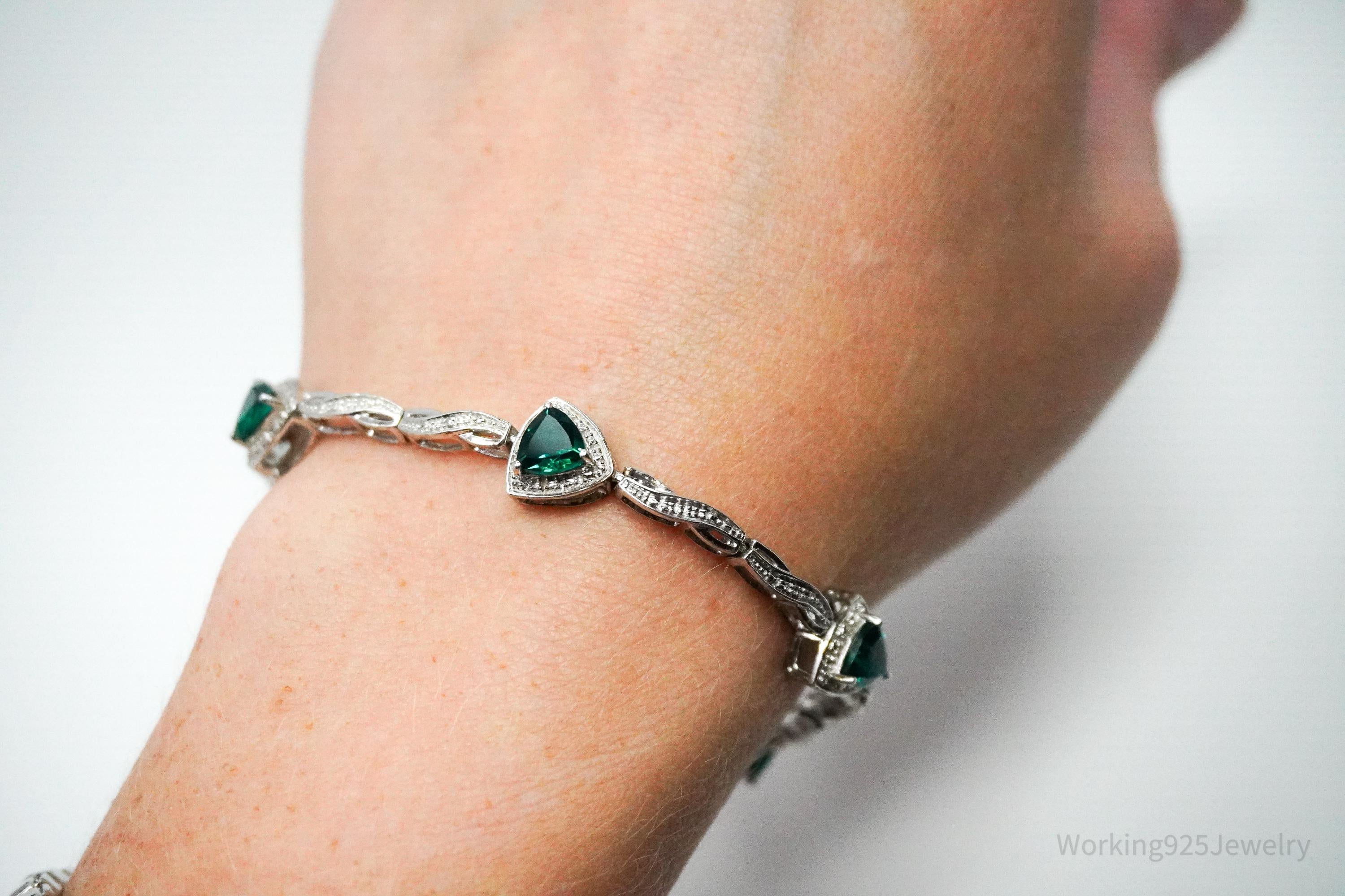 Vintage JWBR Lab Emerald & Single Diamond Sterling Silver Bracelet 7.25"