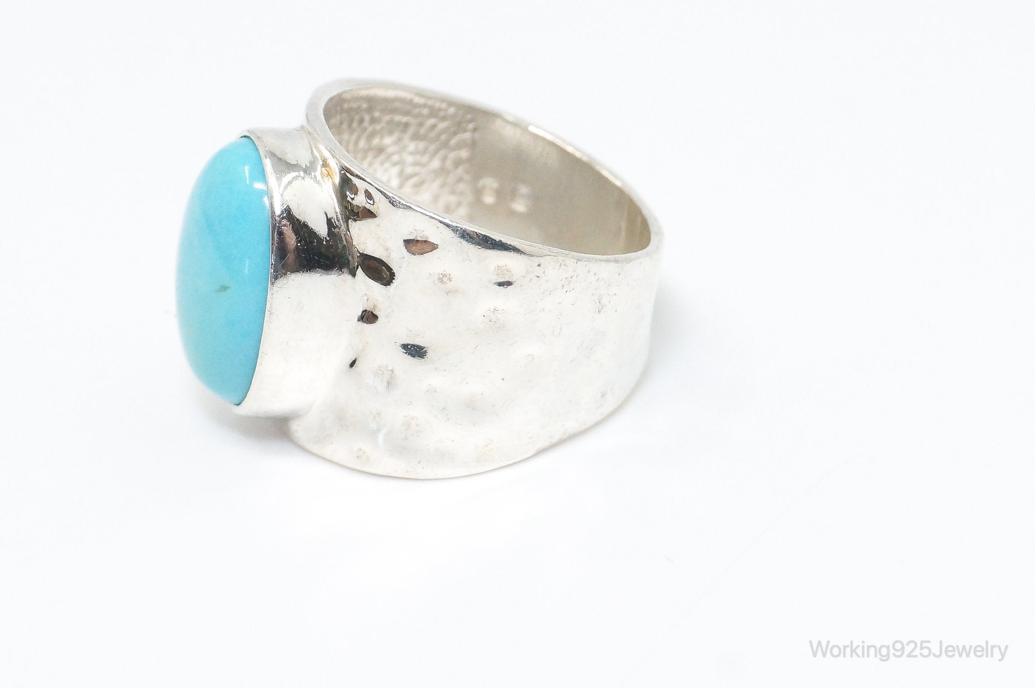 Vintage Turquoise Hammered Southwestern Sterling Silver Ring - Size 6.5