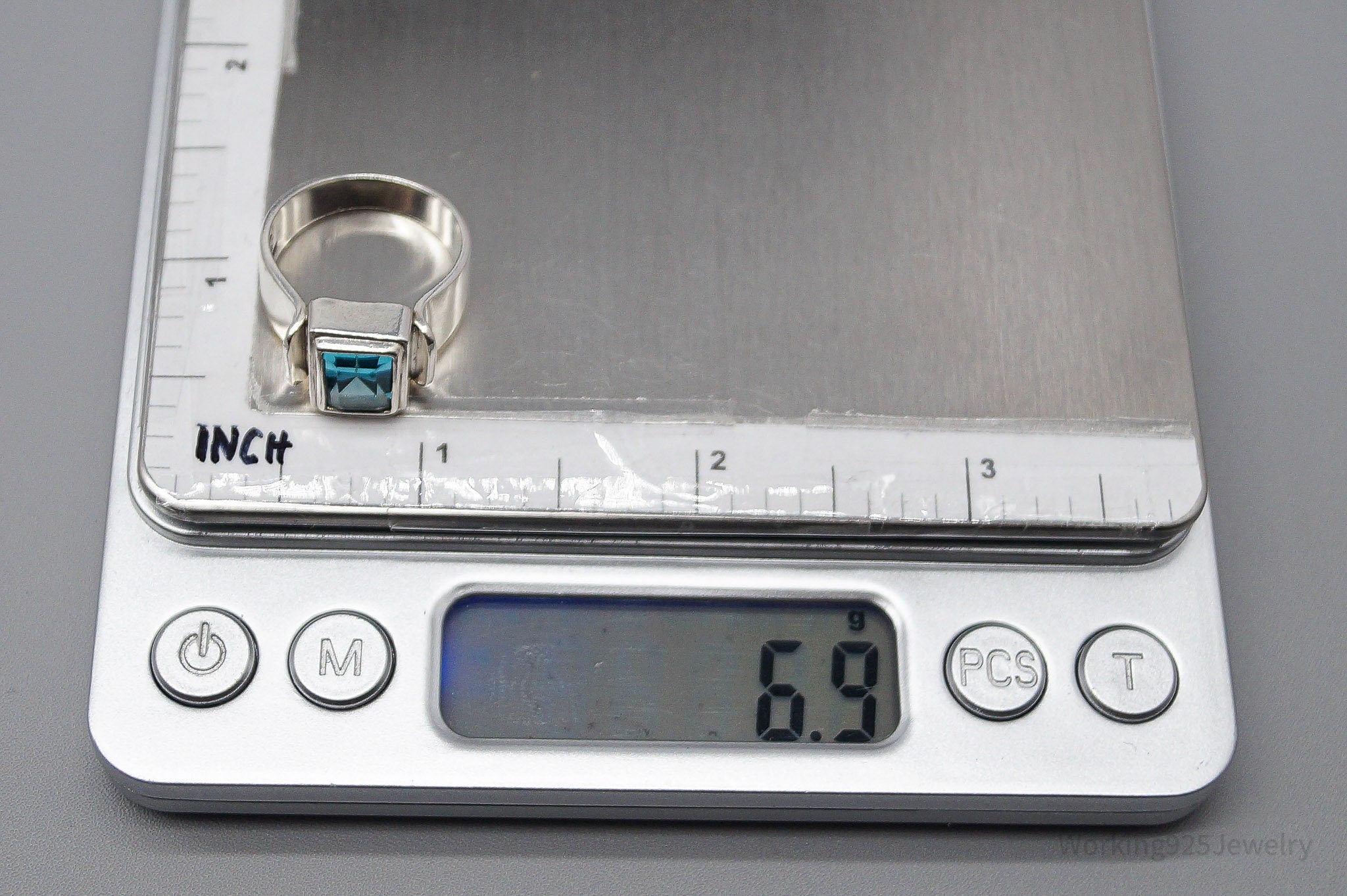 Vintage Blue Topaz Modernist Style Sterling Silver Ring - Size 7