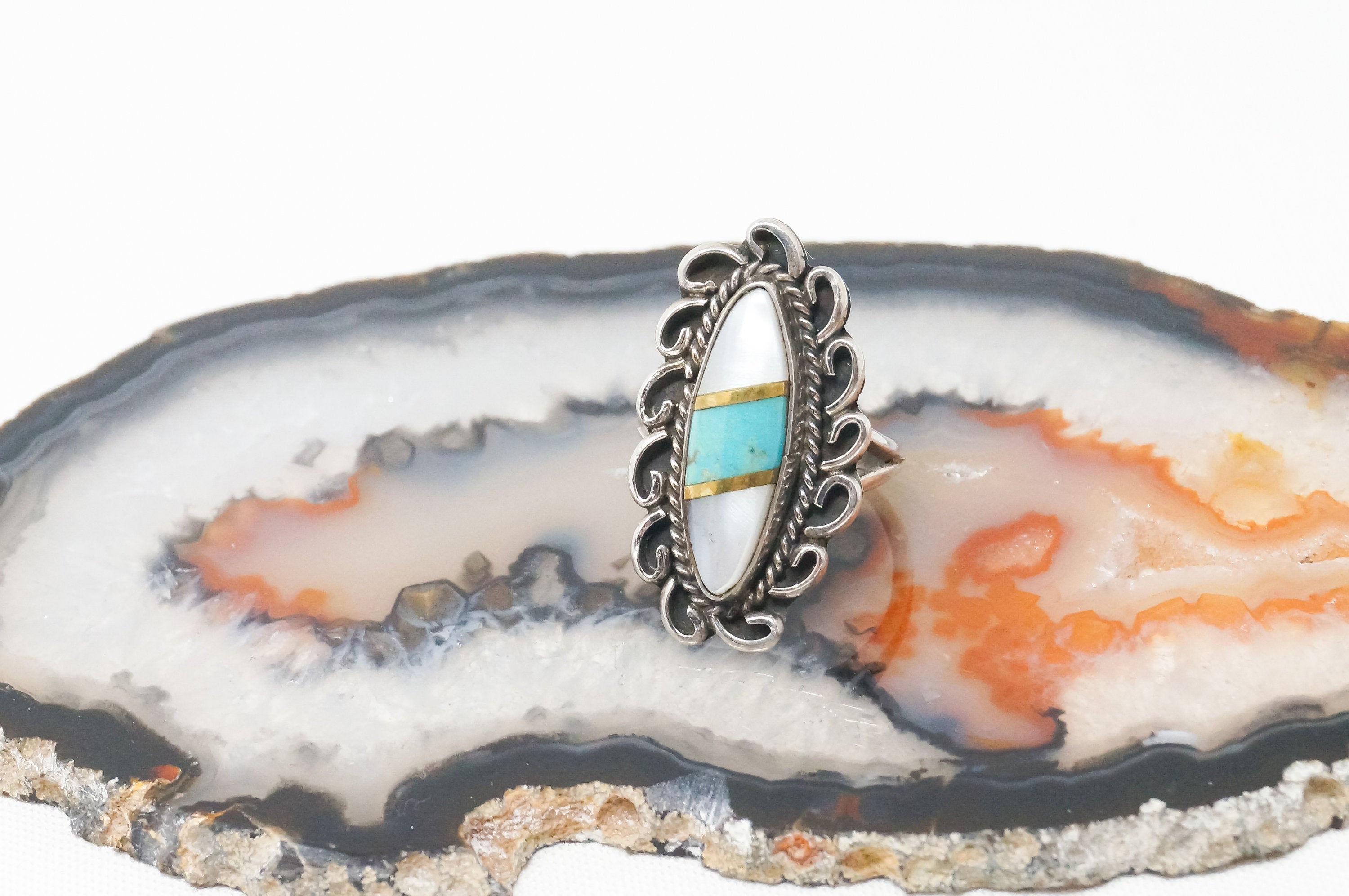 Vintage Native America James Harrison MOP Turquoise Sterling Ring Sz 6