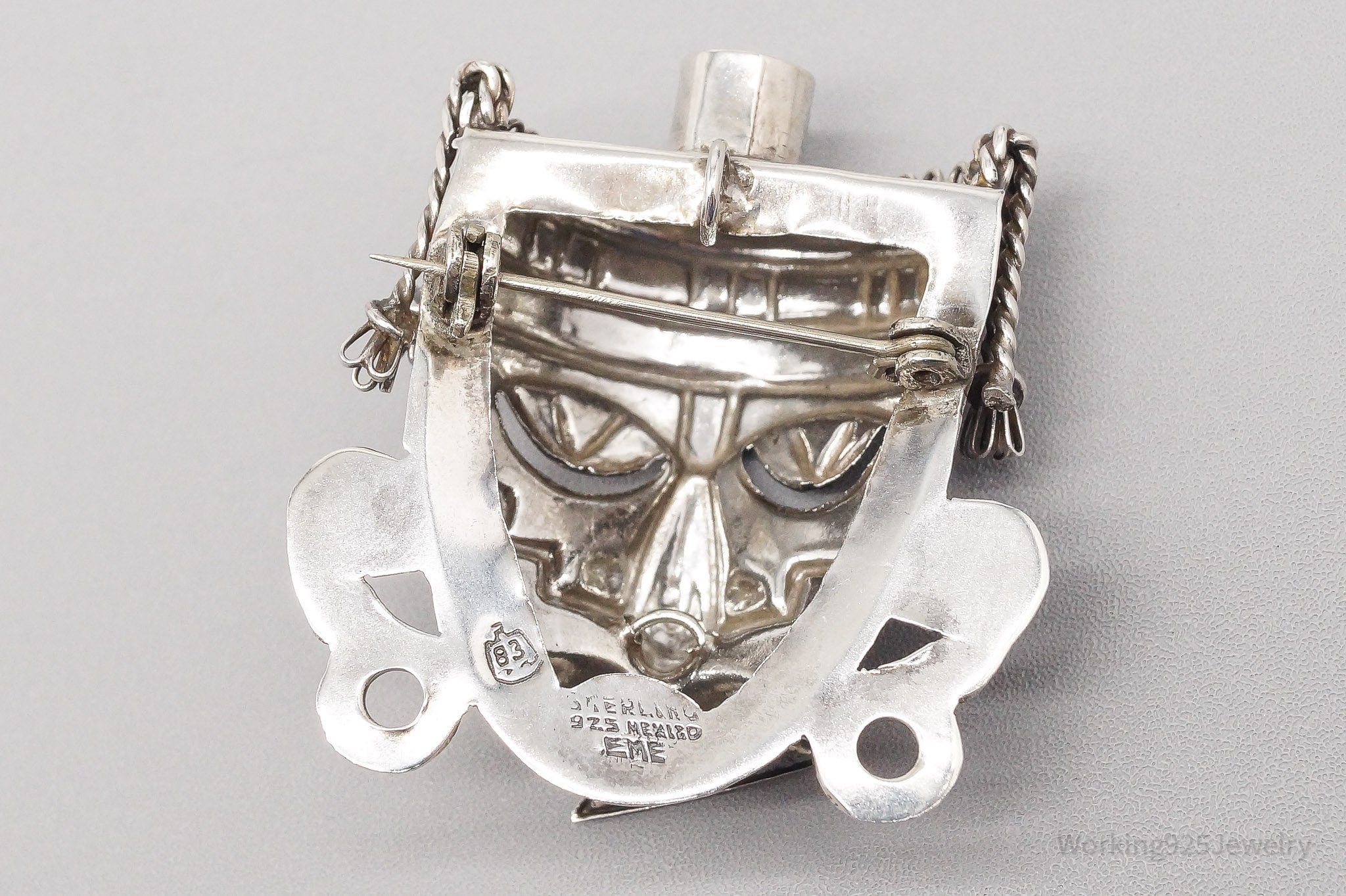 Large Vintage Mexico Aztec Warrior Mask Sterling Silver Brooch Pin Pendant