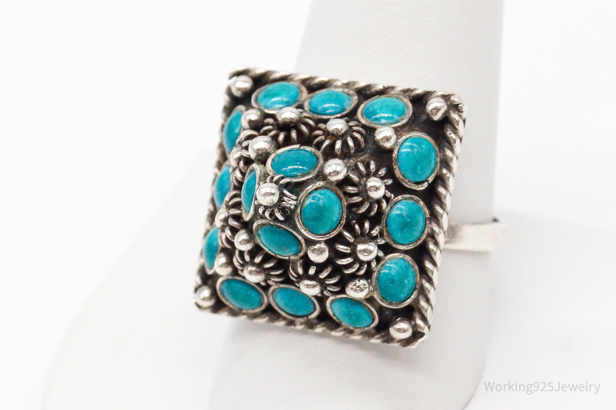 Vintage Mexico Turquoise Cannetille Silver Ring - Size 10 Adjustable