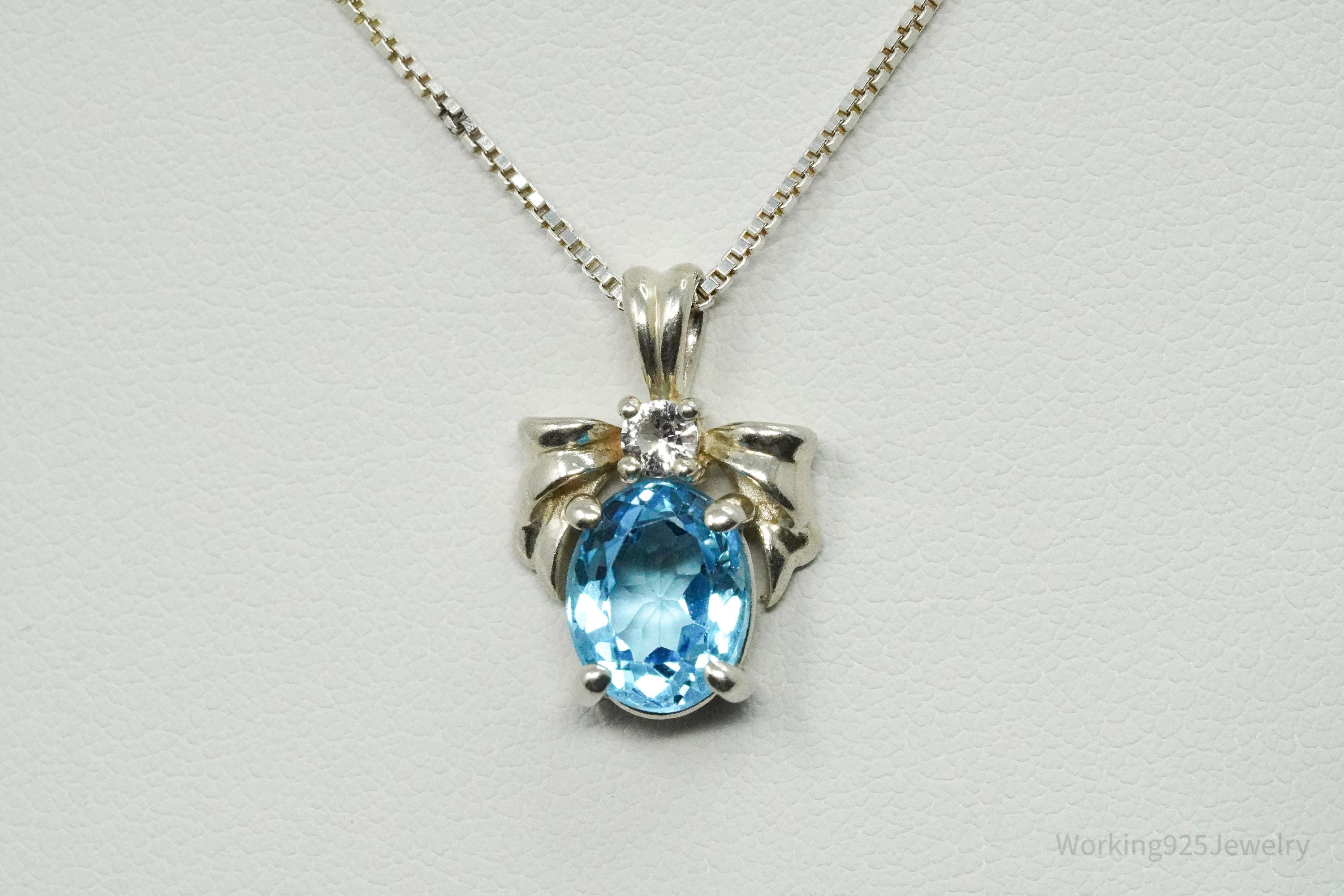 Vintage Blue Topaz & Cubic Zirconia Sterling Silver Necklace 18"