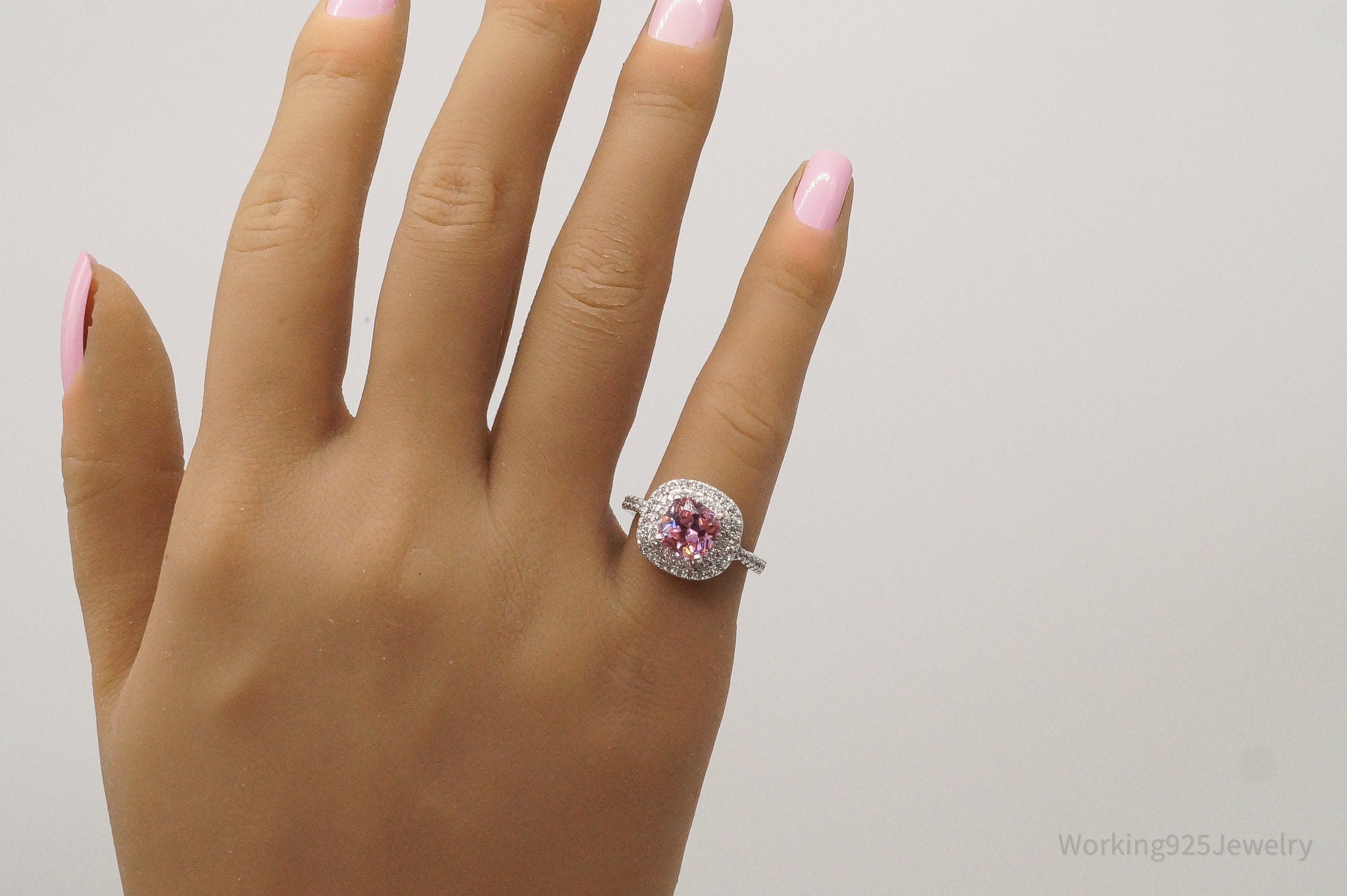 Vintage Pink & White Cubic Zirconia Sterling Silver Ring - Size 6