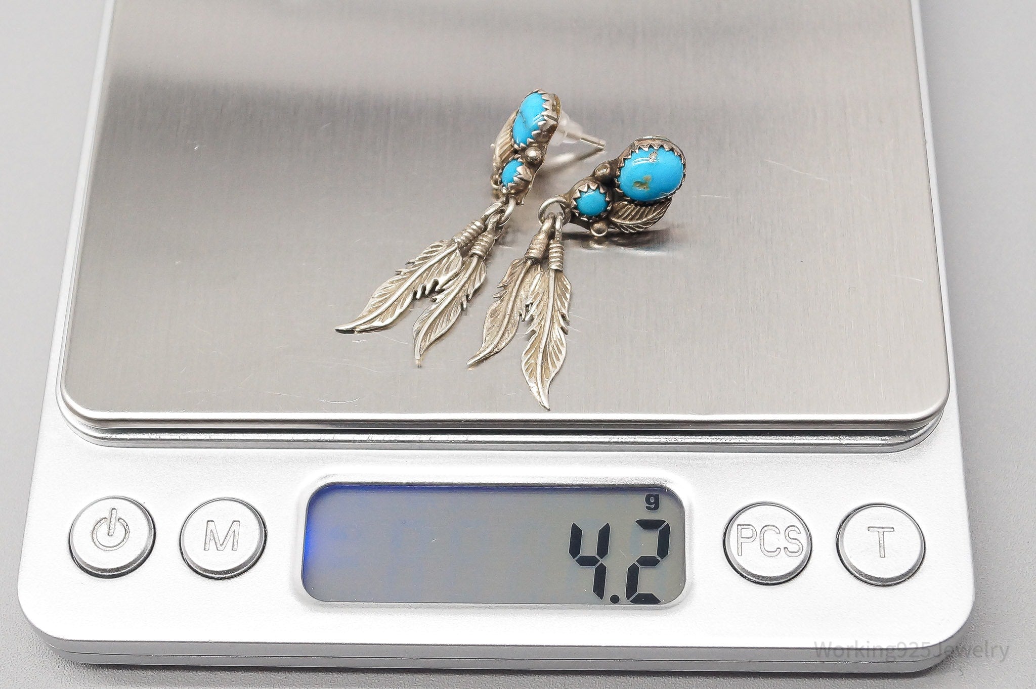 Vintage Native American Turquoise Silver Feather Charms Earrings