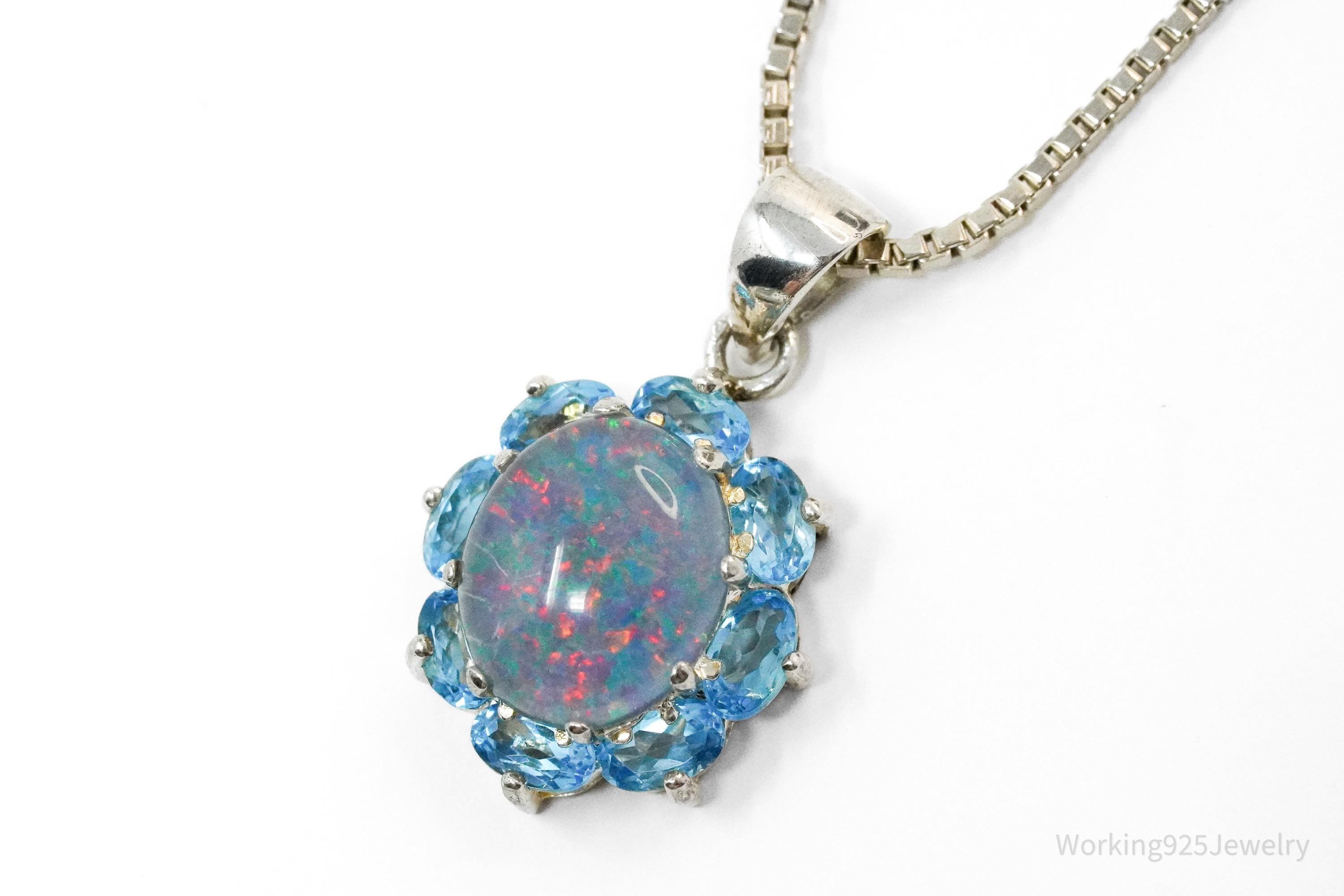 Vintage Opal & Blue Topaz Flower Sterling Silver Necklace 16"