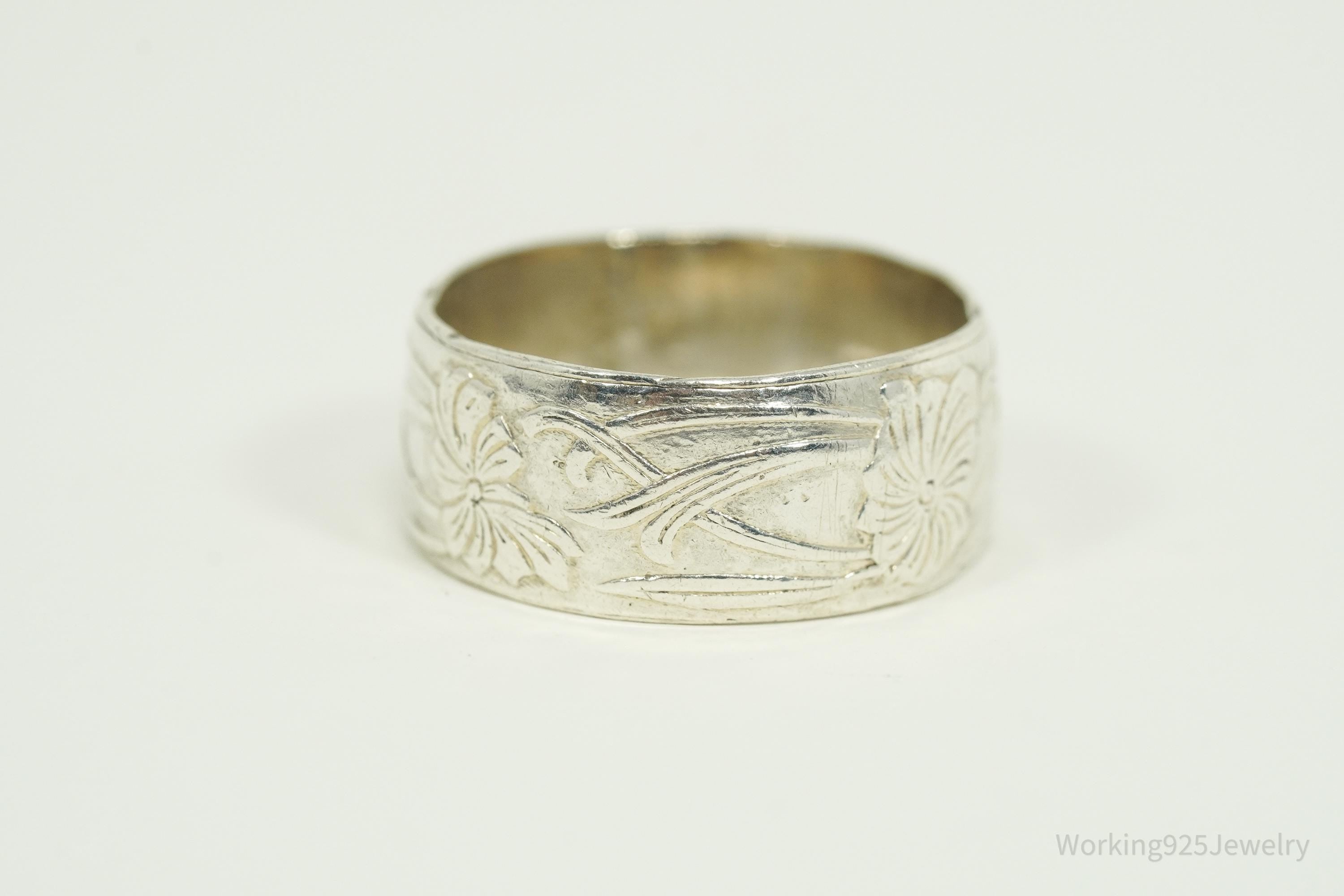 Antique Art Nouveau Style Sterling Silver Band Ring - Size 5.75
