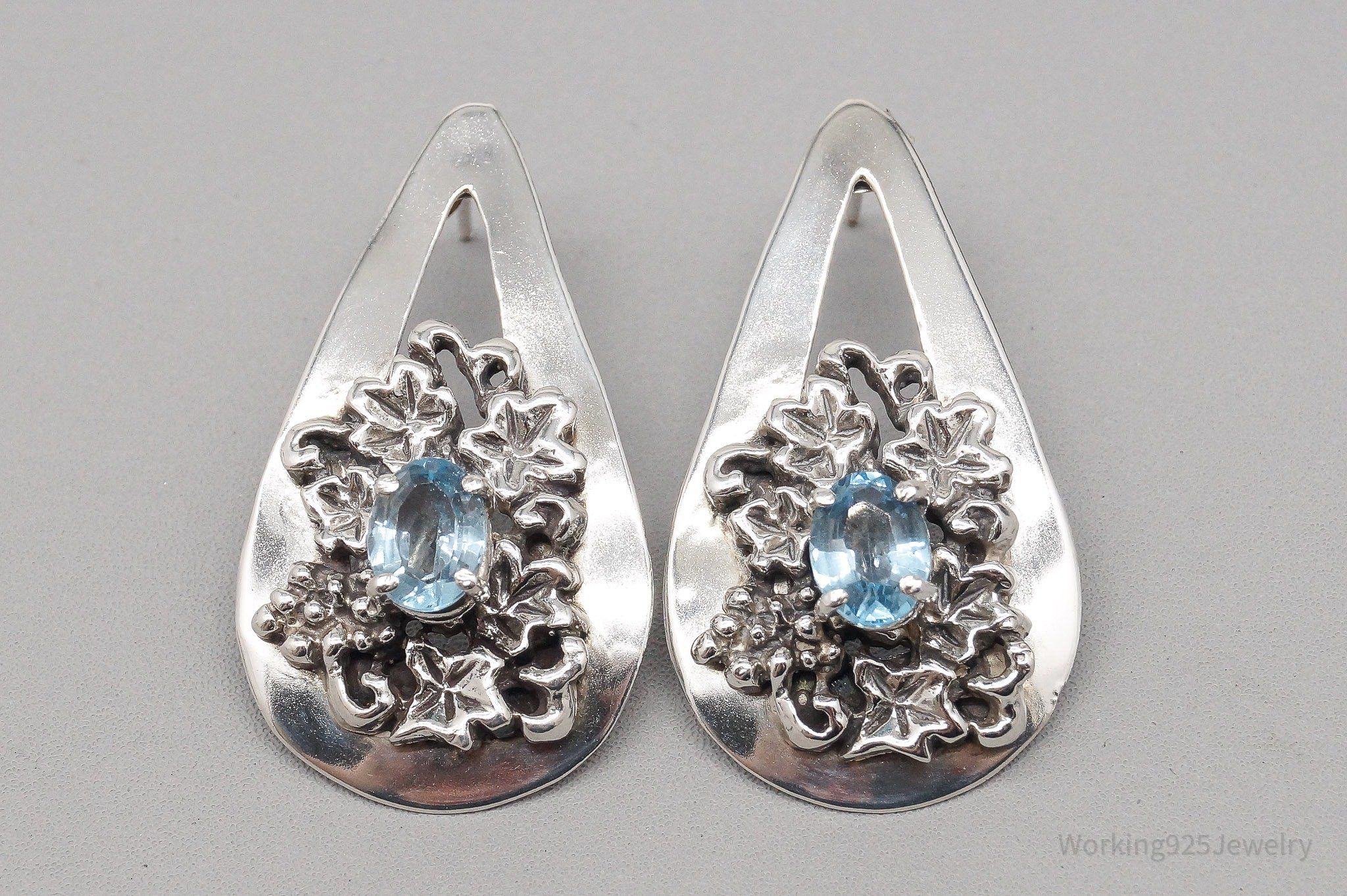 Vintage Blue Topaz Flowers Sterling Silver Earrings