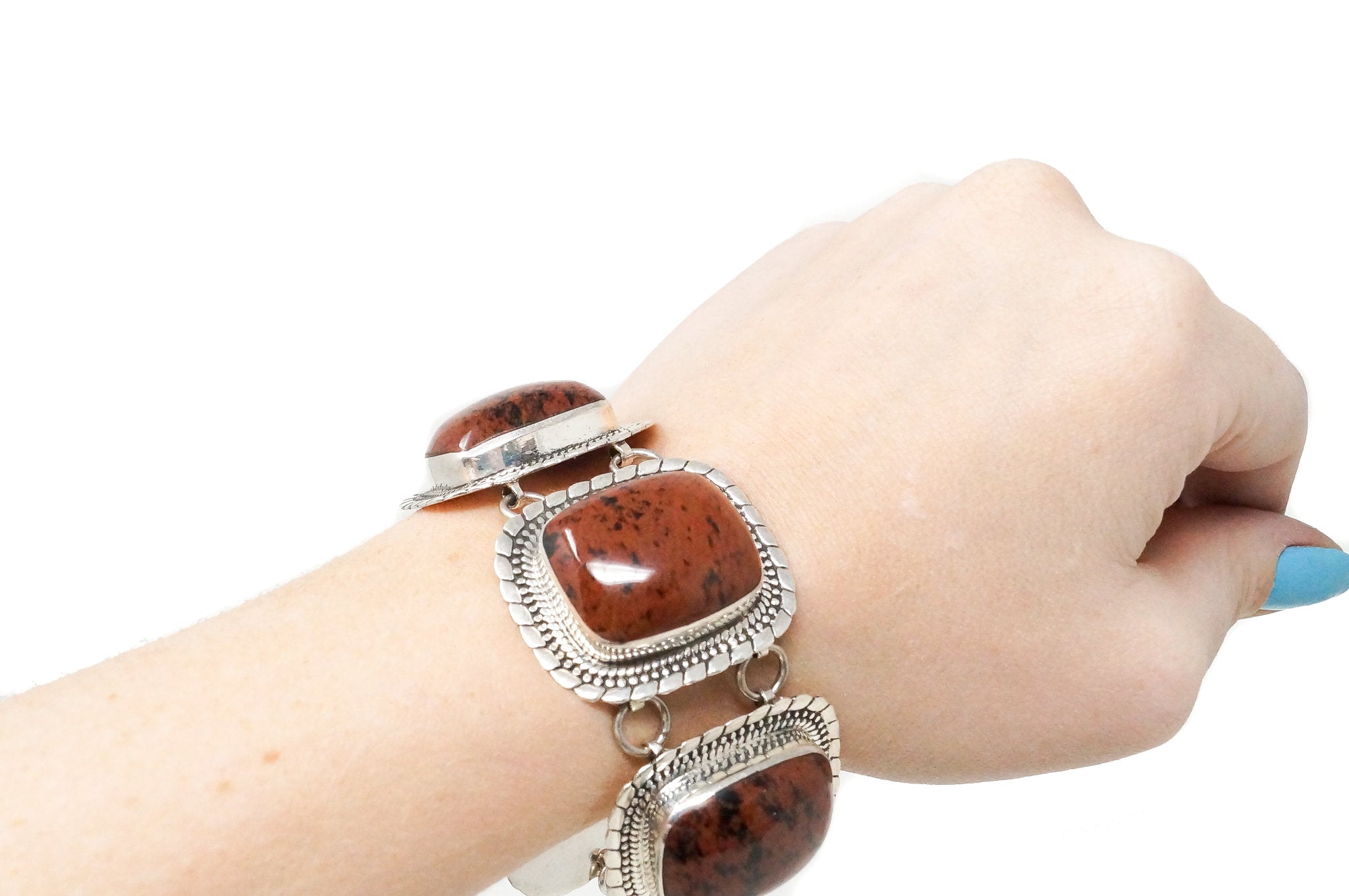 Vintage Mexico ATI Mahogany Obsidian Southwestern Sterling Silver Bracelet