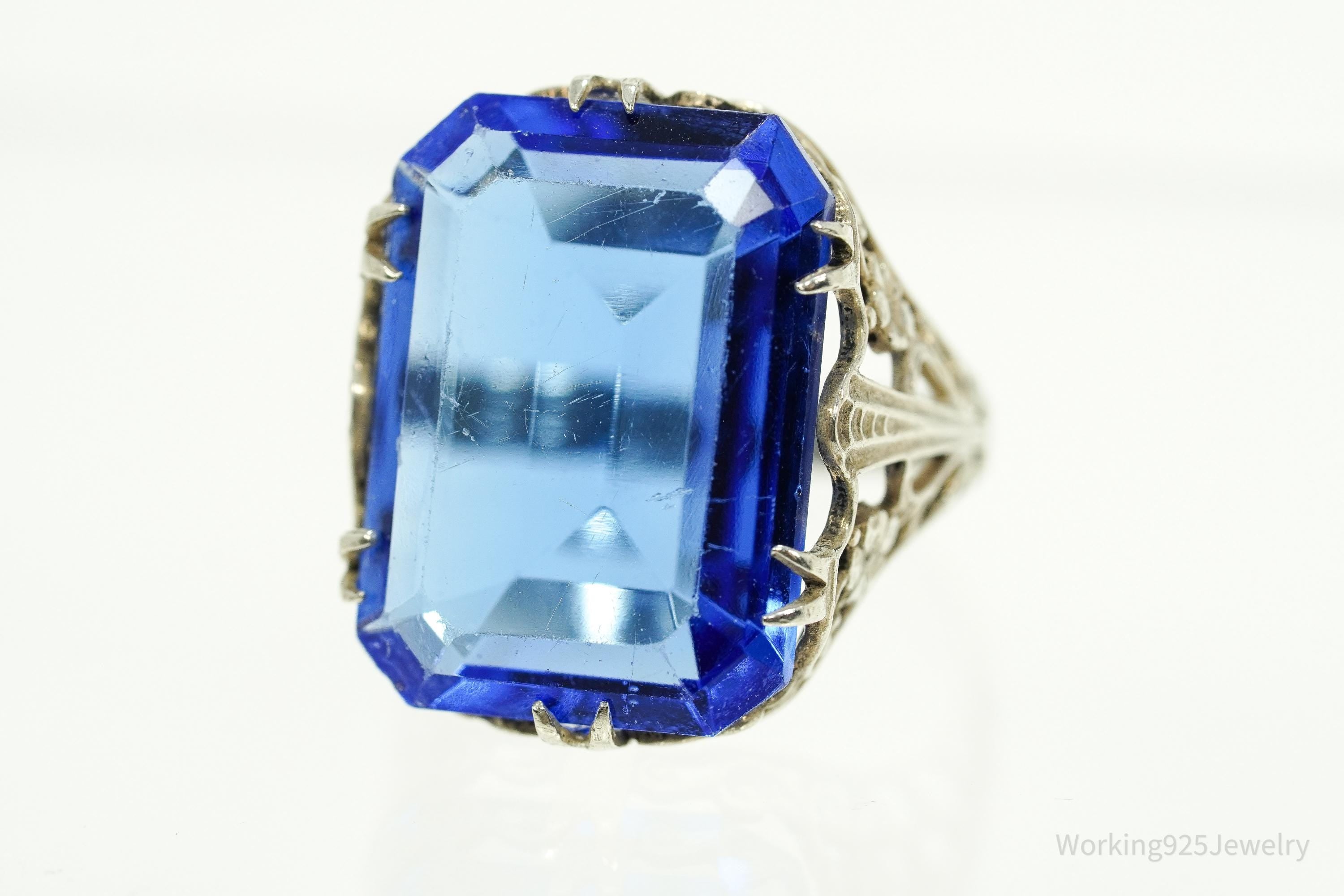 Antique Blue Art Glass Sterling Silver Ring - Size 5.25