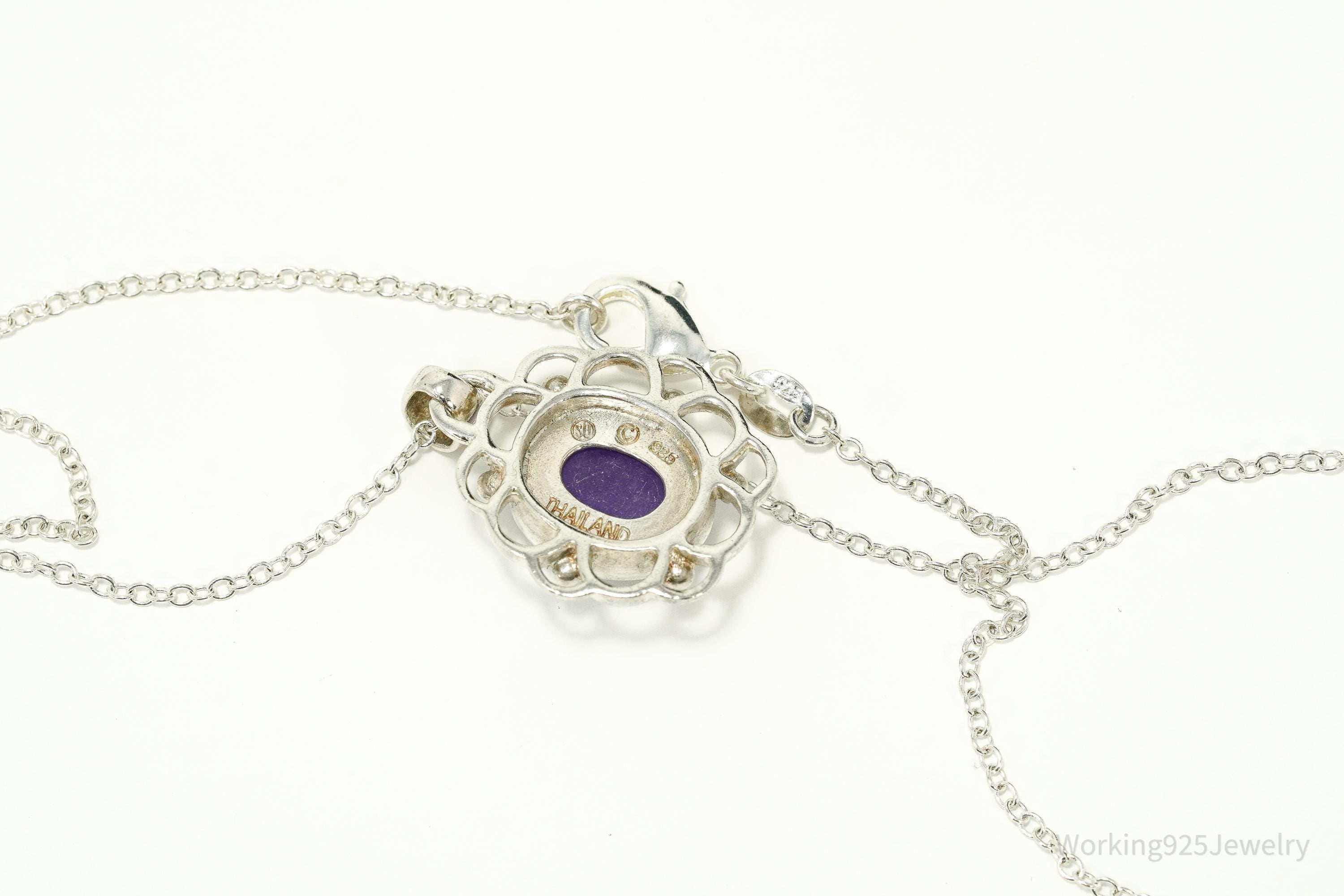 Vintage Purple Jade Sterling Silver Necklace 24"