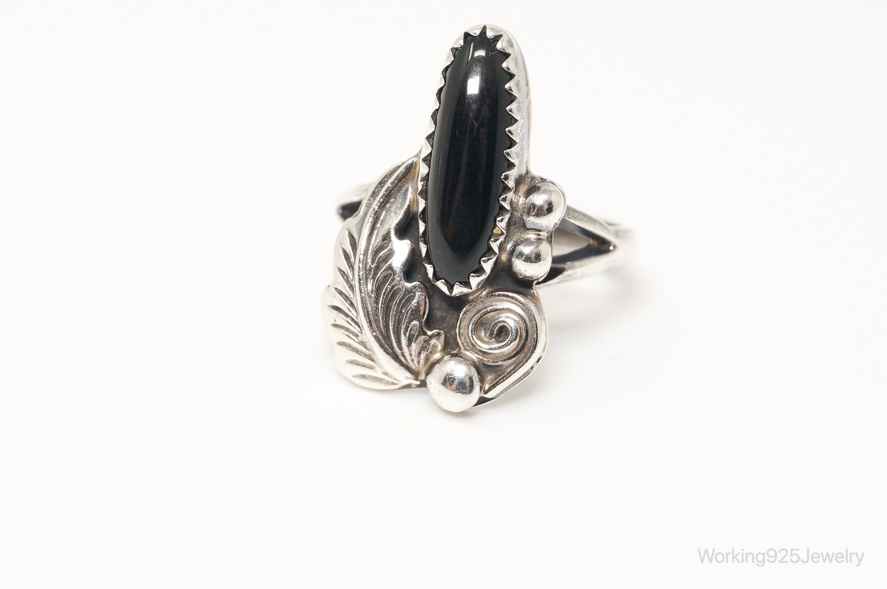 Vintage Native American Signed RB Black Onyx Sterling Silver Ring - Size 6