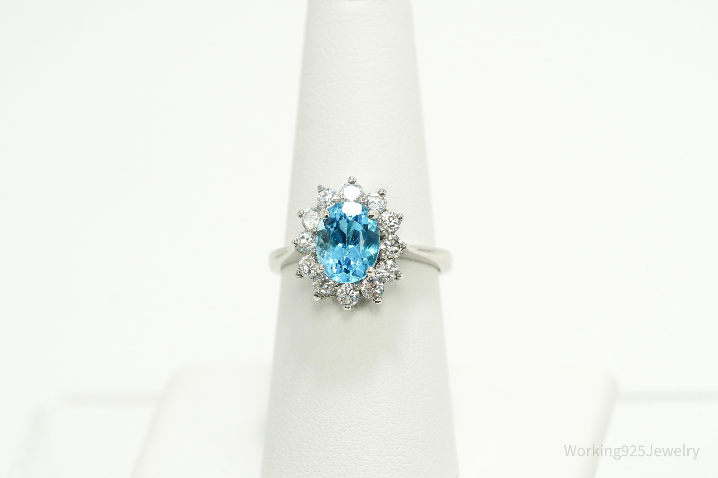 Vintage Blue Topaz & Cubic Zirconia Sterling Silver Ring - Size 7.75