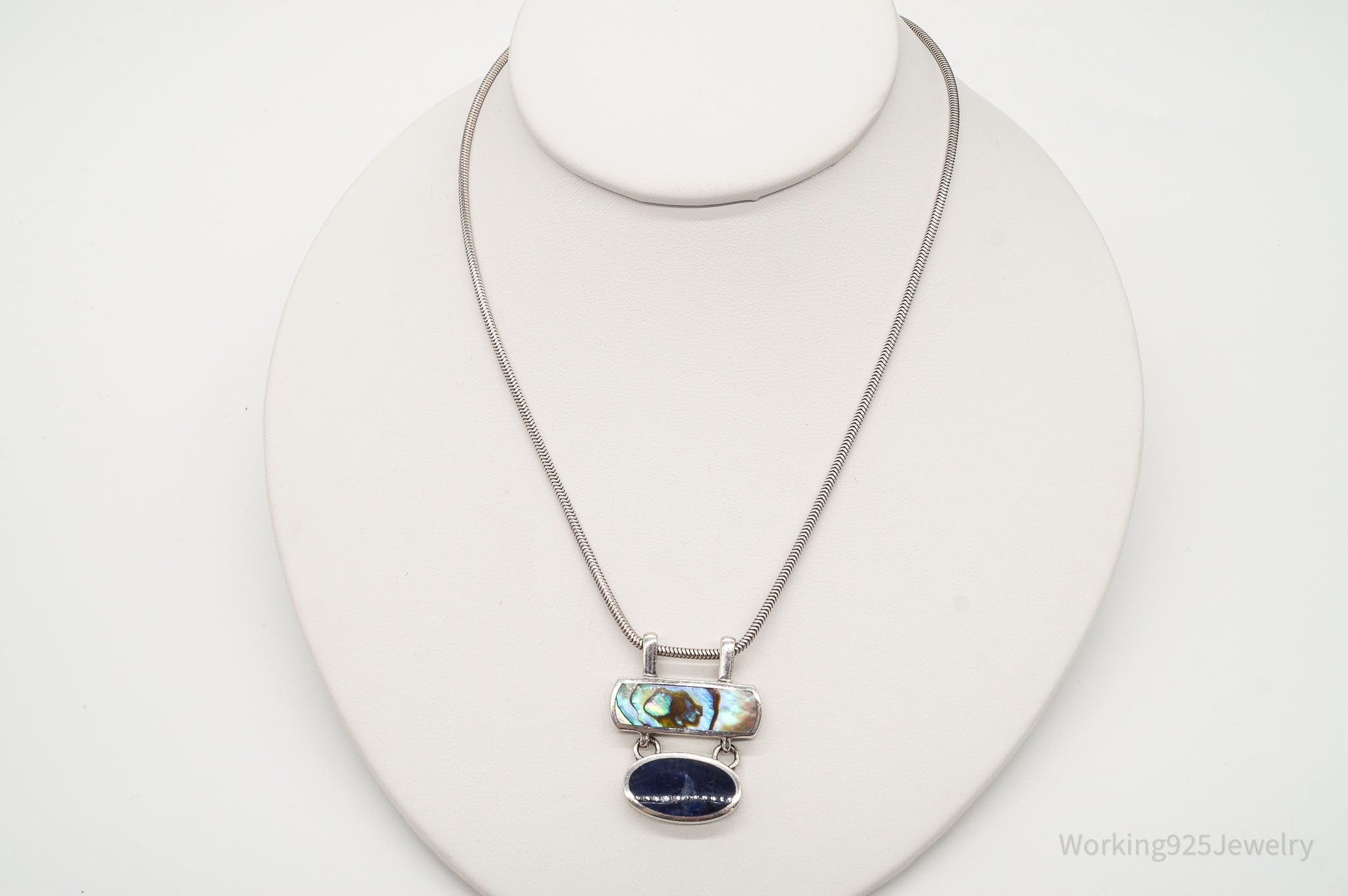 Vintage Paua Abalone Shell Sodalite Sterling Silver Necklace