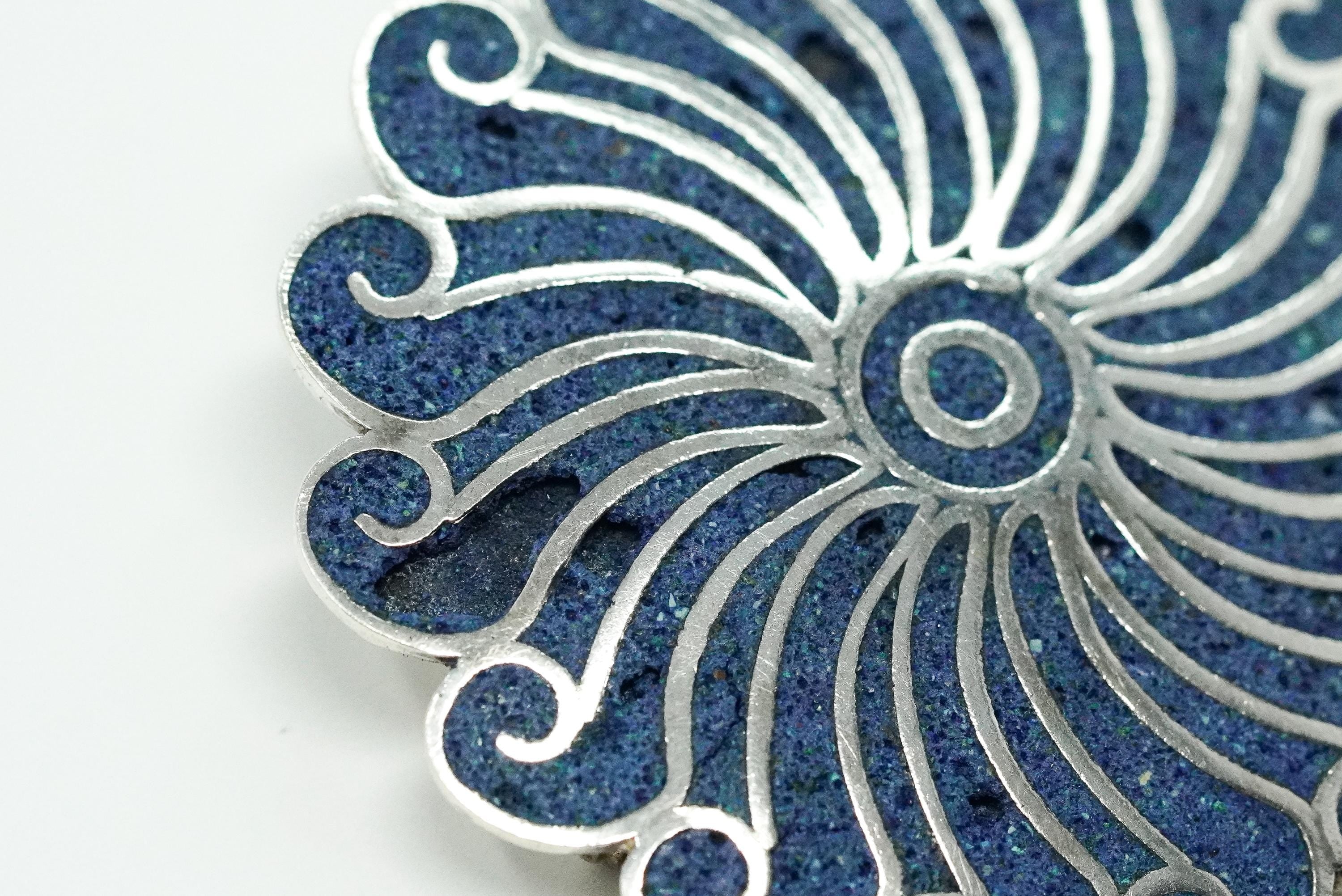 Large Vintage Mexican A Garcia Blue Stone Inlay Sterling Silver Brooch Pin Pendant