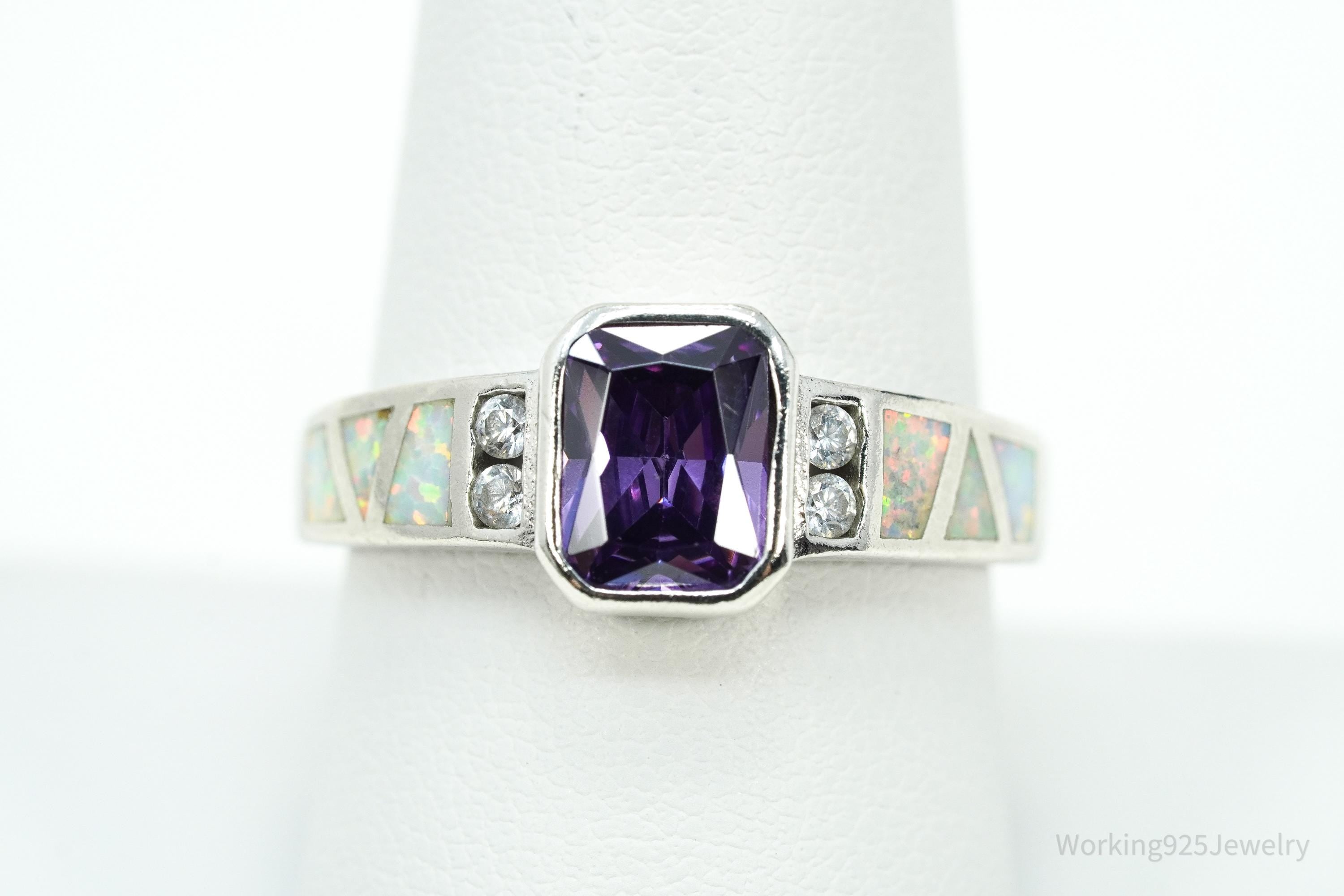 Vintage Amethyst Cubic Zirconia Opal Sterling Silver Ring - Size 8.75