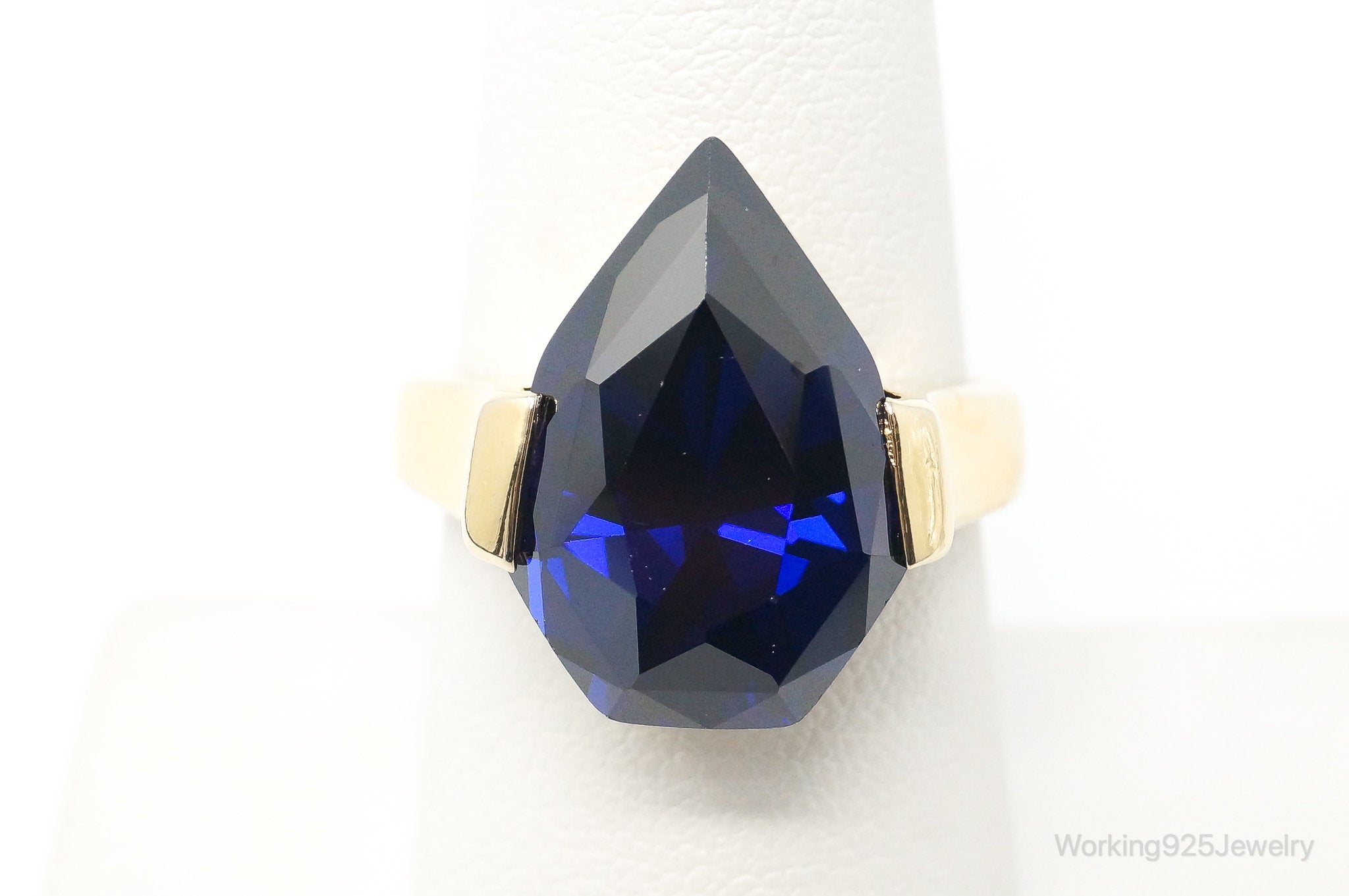 Vintage Large Blue Cubic Zirconia Gold Vermeil Sterling Silver Ring Size 8