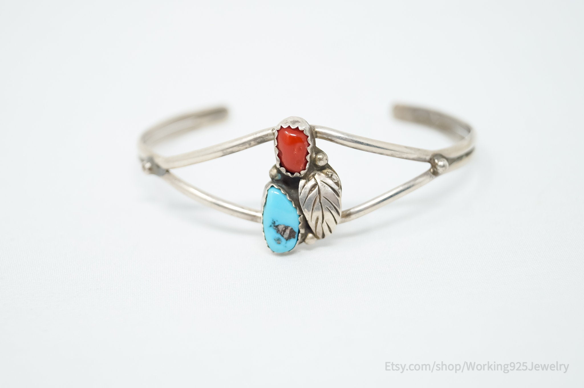 Vintage Native Handmade Unsigned Turquoise Coral Sterling Silver Cuff Bracelet