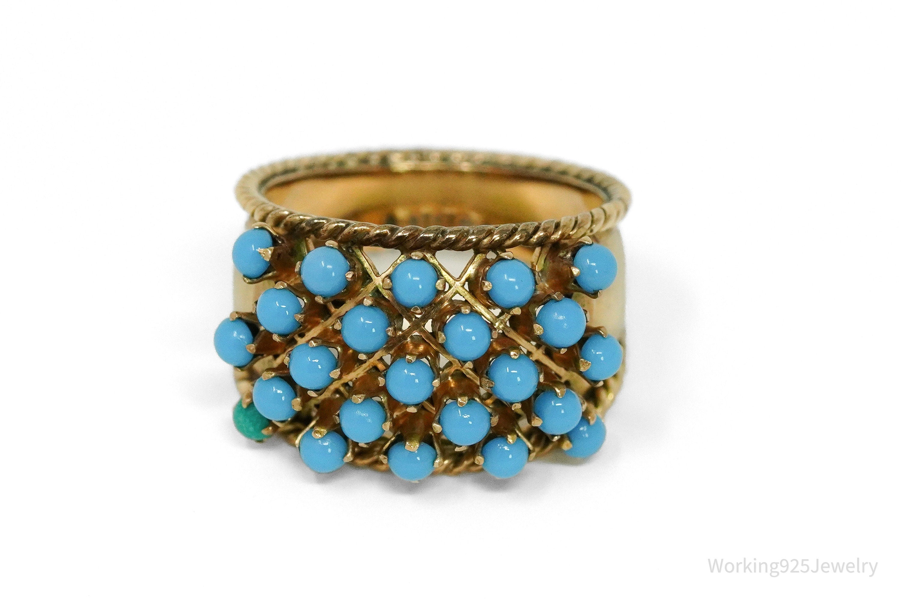 14K Yellow Gold & Turquoise Glass Cabochon Cocktail Ring - Size 6.25