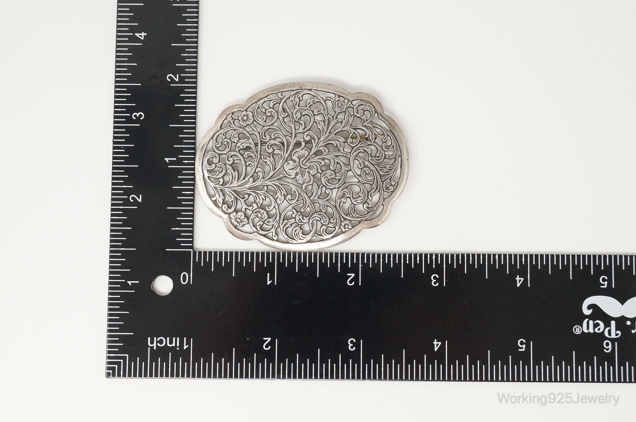 Vintage Art Nouveau Style Motif Floral Sterling Silver Brooch Pin