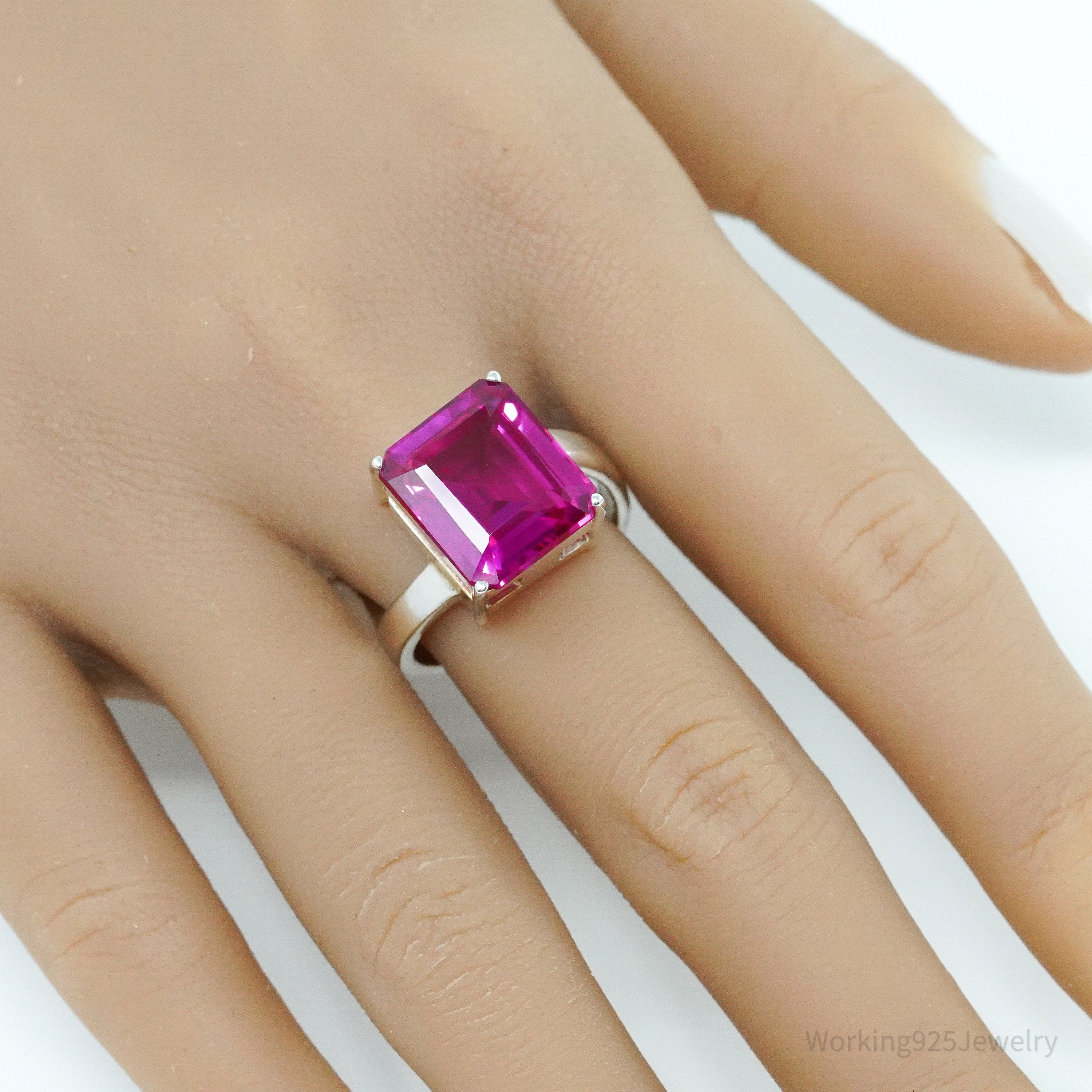 Vintage Lab Ruby Sterling Silver Ring - Size 8.75