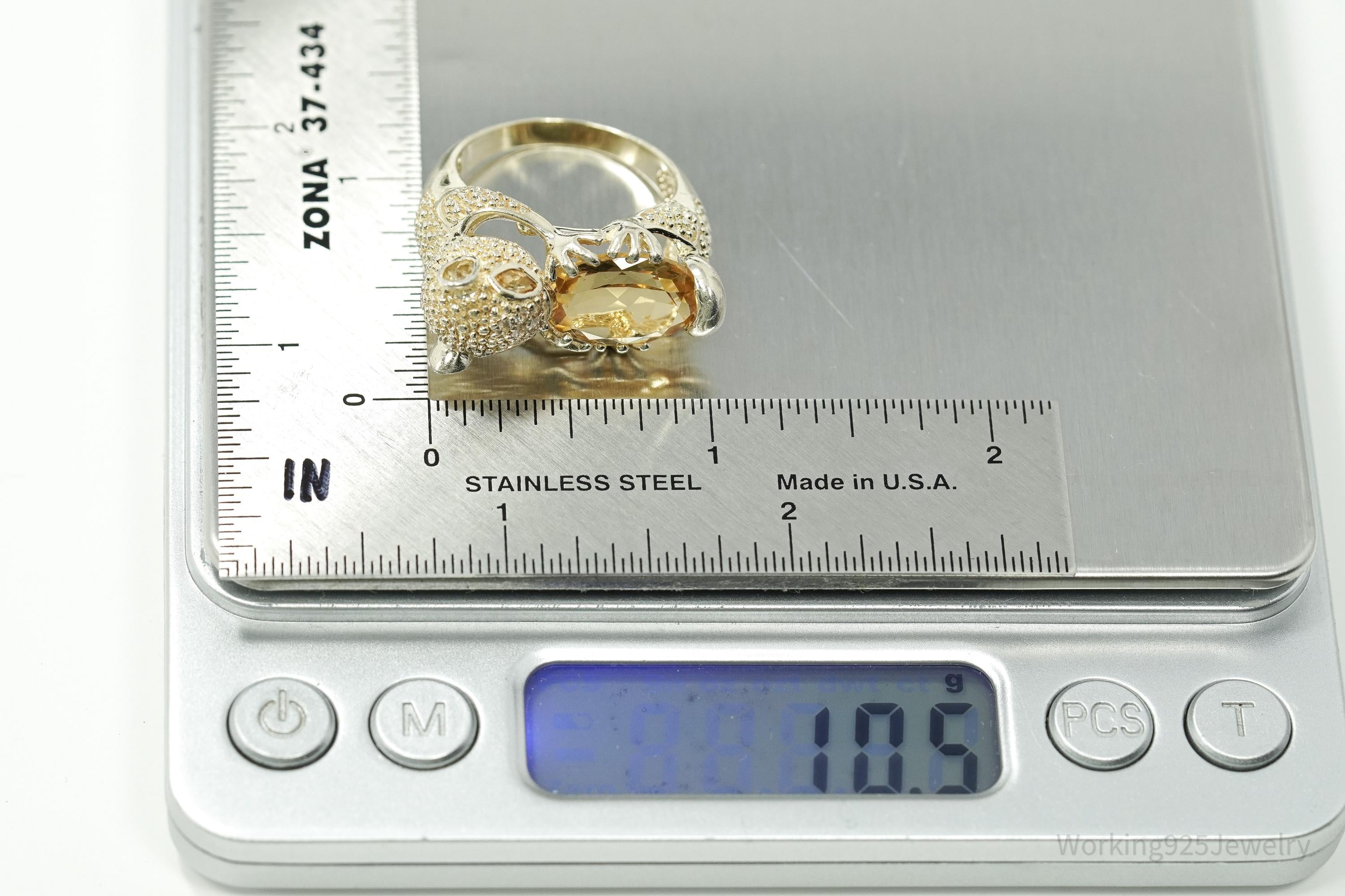 Vintage Citrine & Cubic Zirconia Gold Vermeil Sterling Silver Animal Ring - Size 10