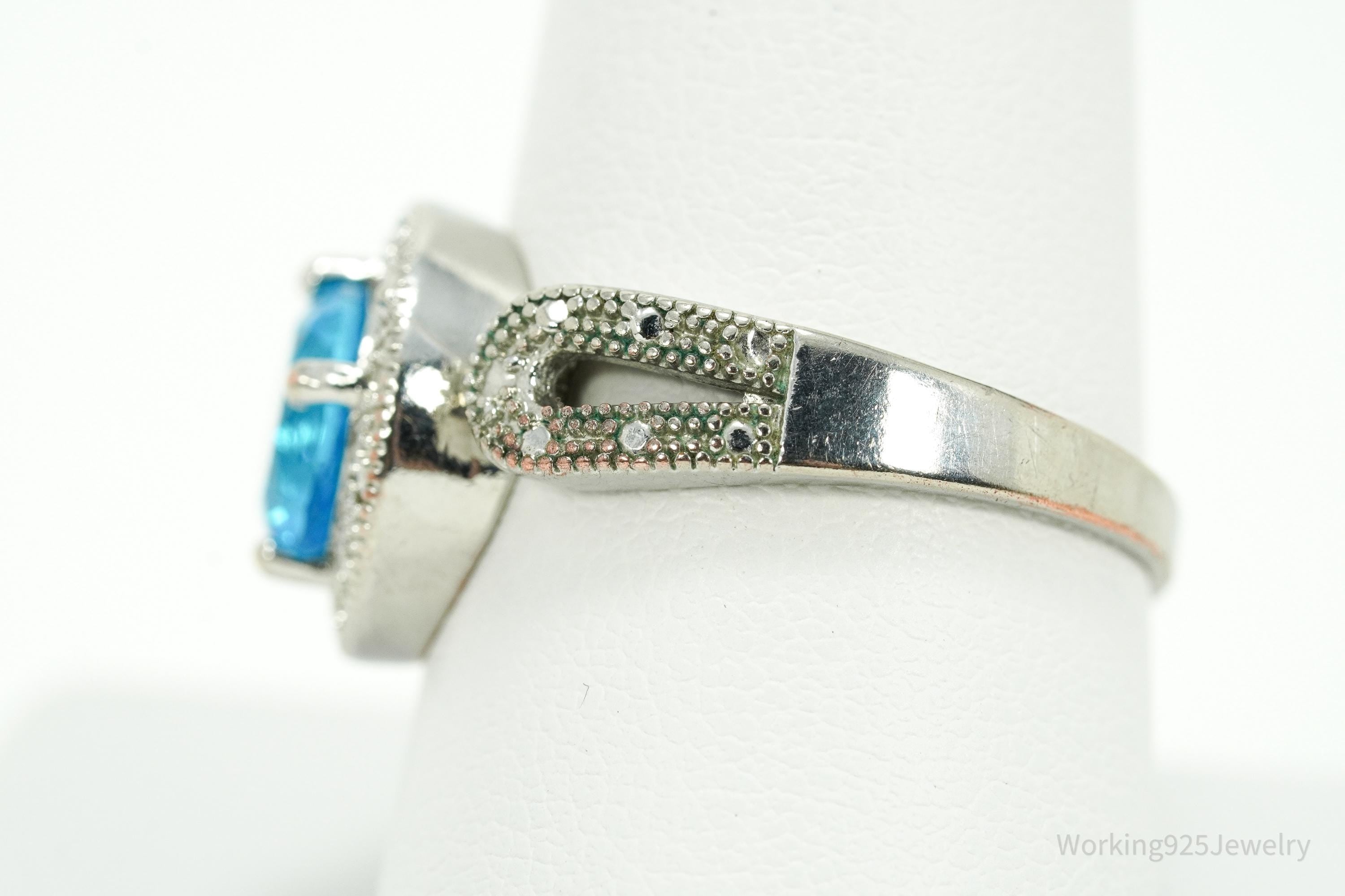 Vintage Faux Blue Topaz Sterling Silver Plated Ring - Size 9.25