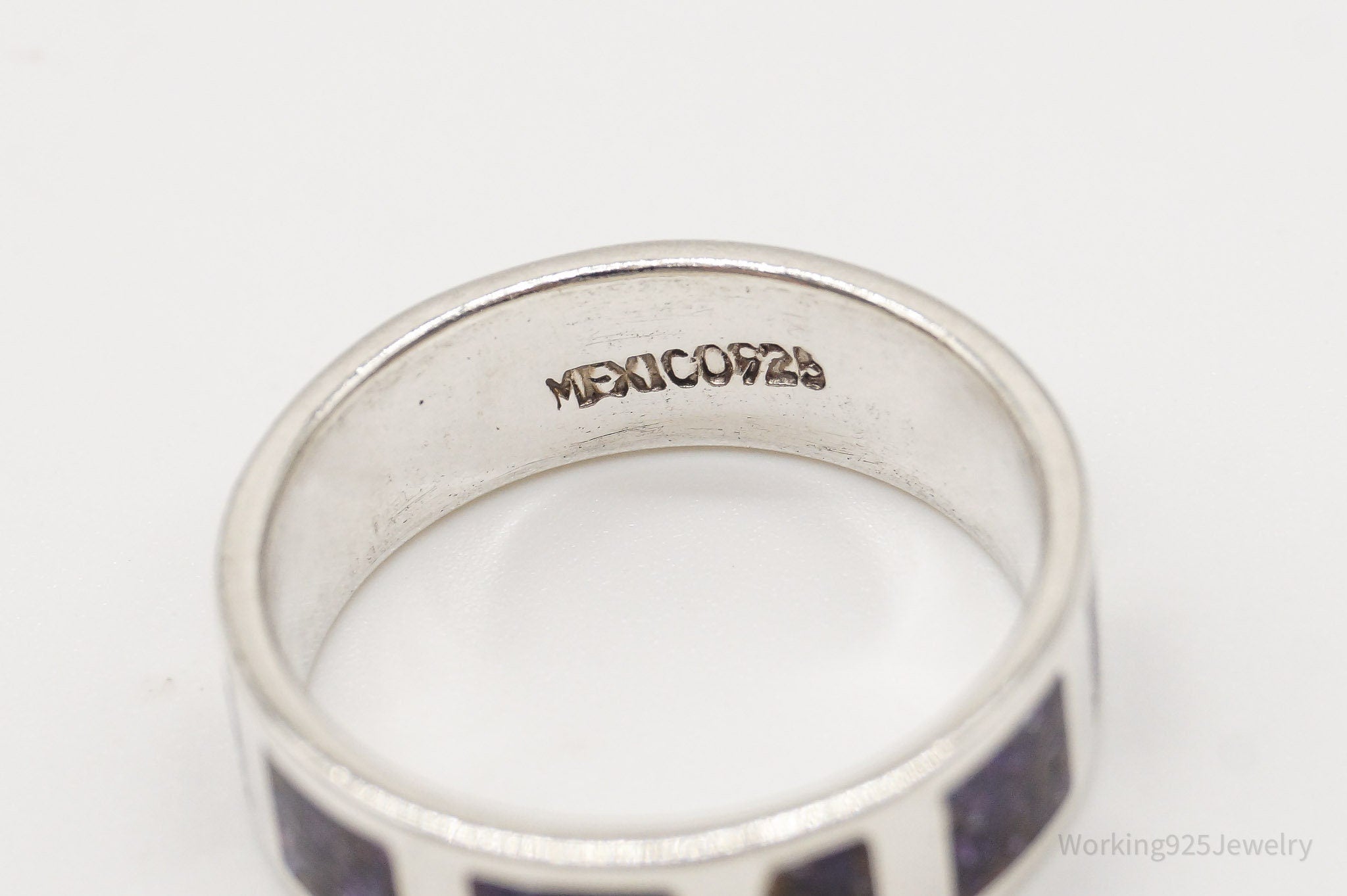 Vintage Mexico Modernist Sparkles Inlay Sterling Silver Band Ring - Size 7