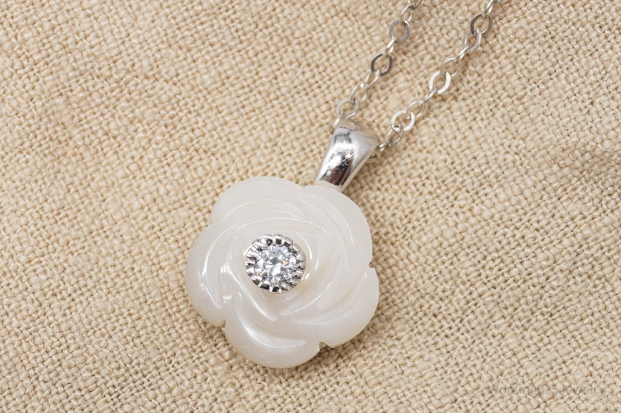 Vintage Cubic Zirconia & Mother Of Pearl Rose Sterling Silver Necklace 18"