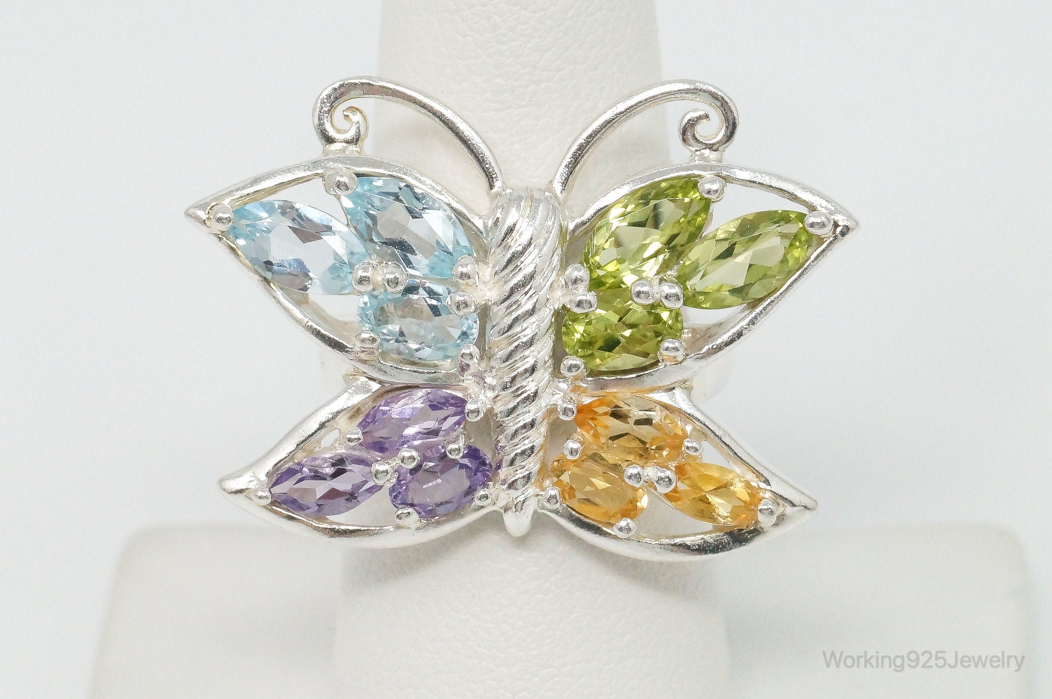 Vintage Multi Gem Butterfly Sterling Silver Ring - Size 7