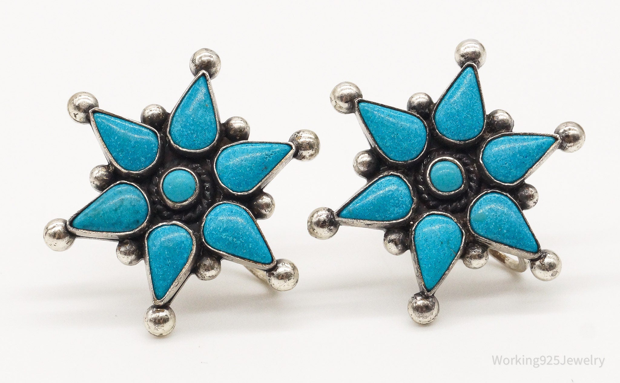 Vintage Native American Turquoise Sterling Silver Screw Back Earrings