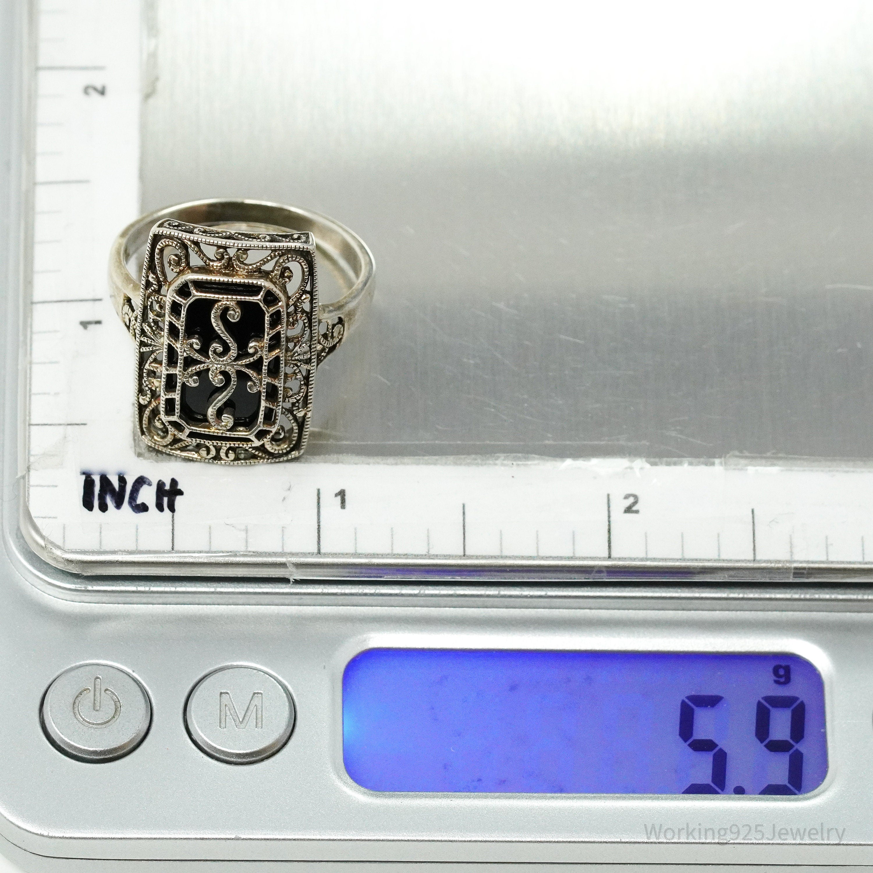 Vintage Black Onyx Scrolls & Swirls Sterling Silver Ring - Size 11.25