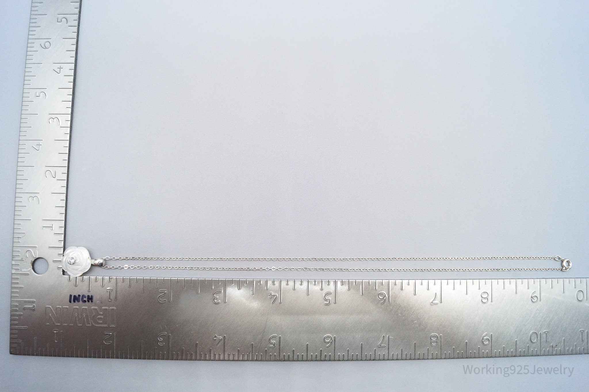 Vintage Cubic Zirconia & Mother Of Pearl Rose Sterling Silver Necklace 18"