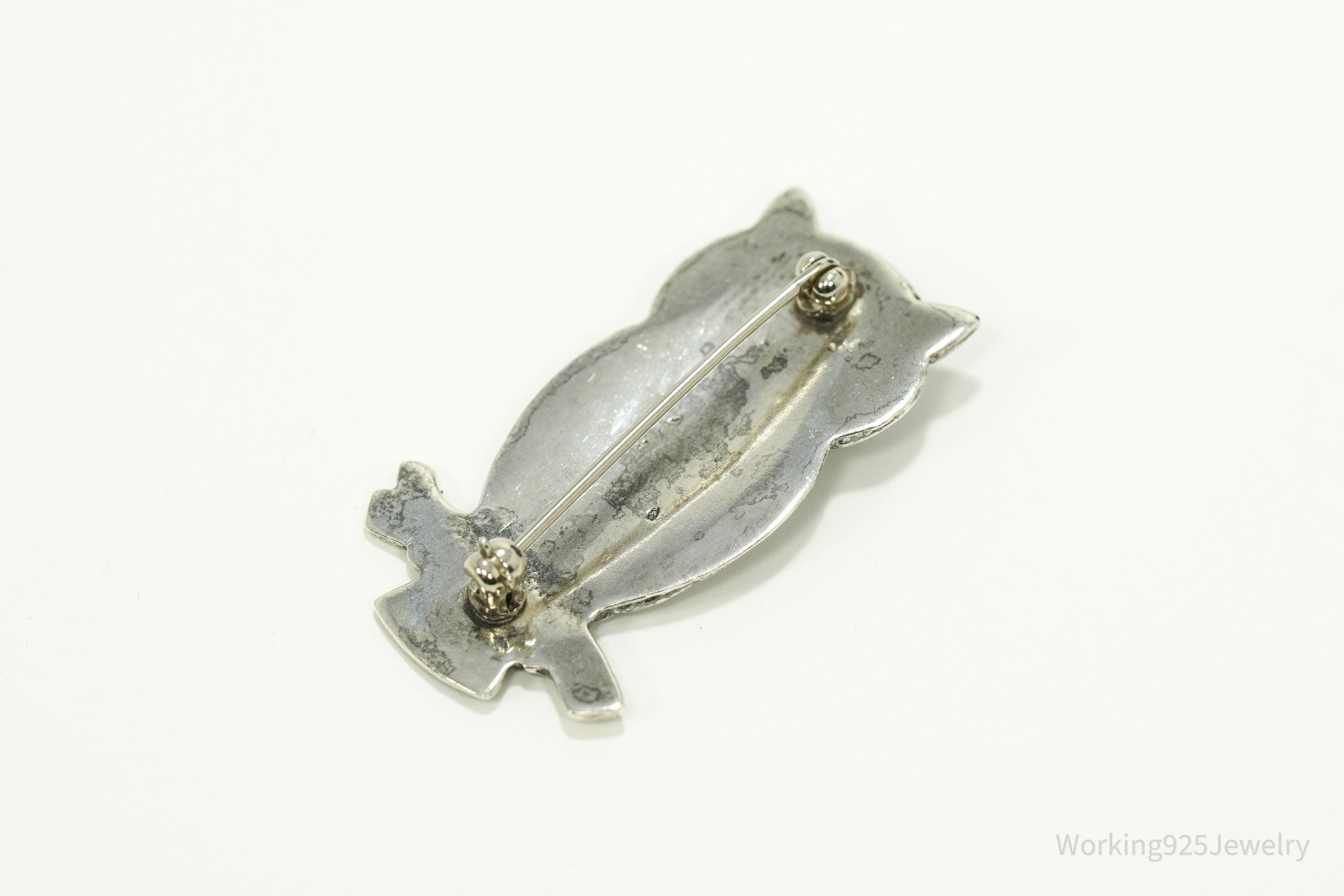 Vintage Turquoise Eyes Owl Silver Pin Brooch