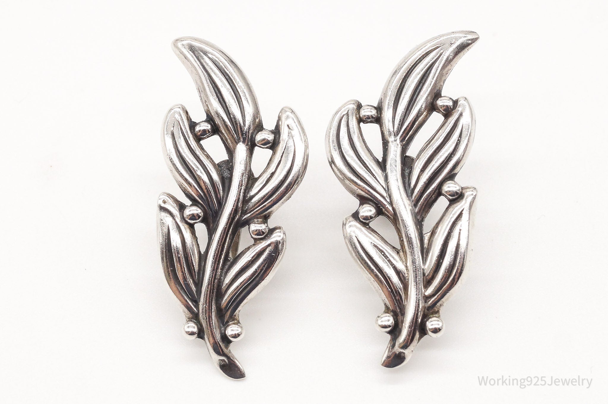 Vintage Mexico Modernist Hilario Lopez Fern & Spore Sterling Silver Earrings