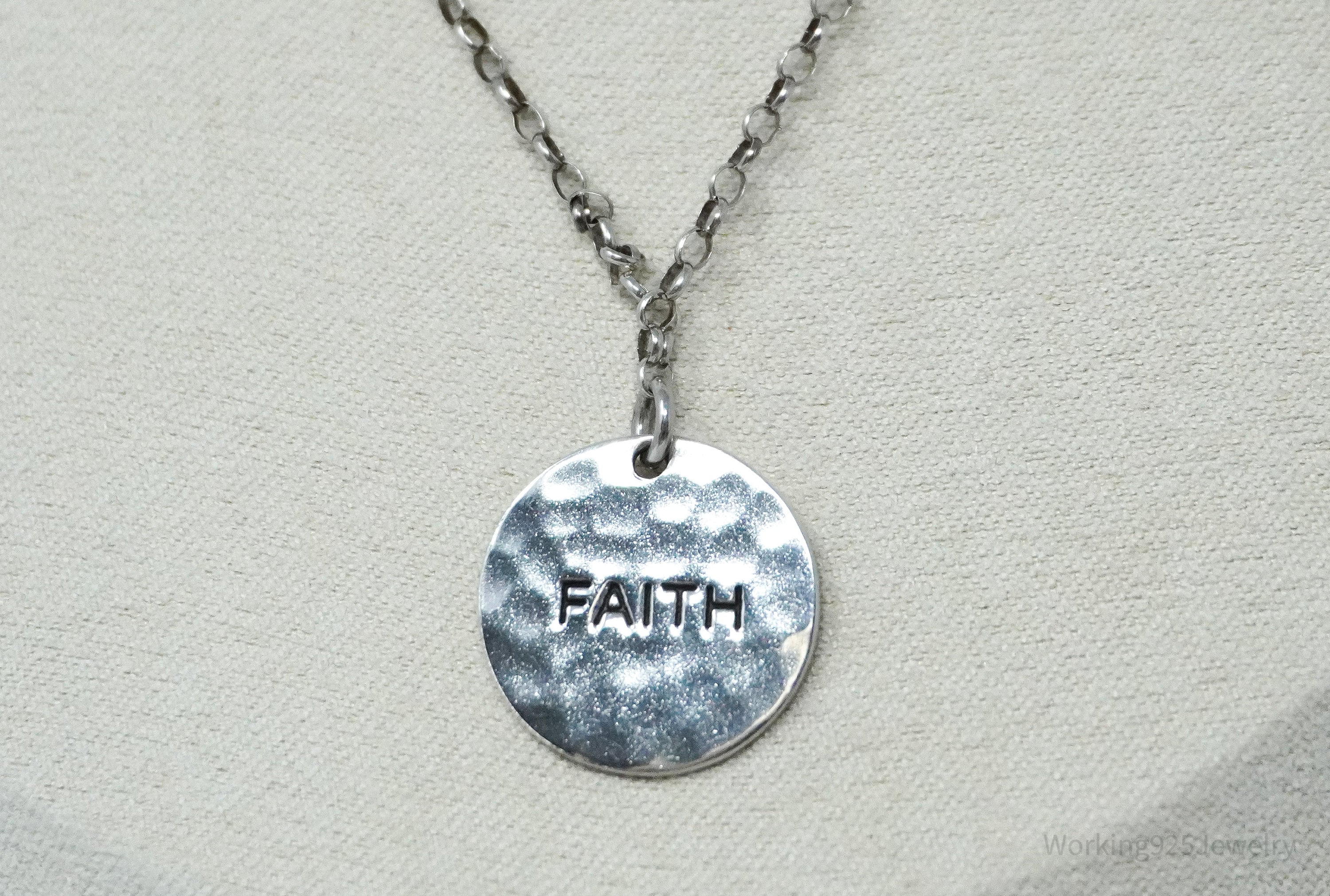 Vintage FAITH Sterling Silver Hammered Style Pendant Necklace 17"