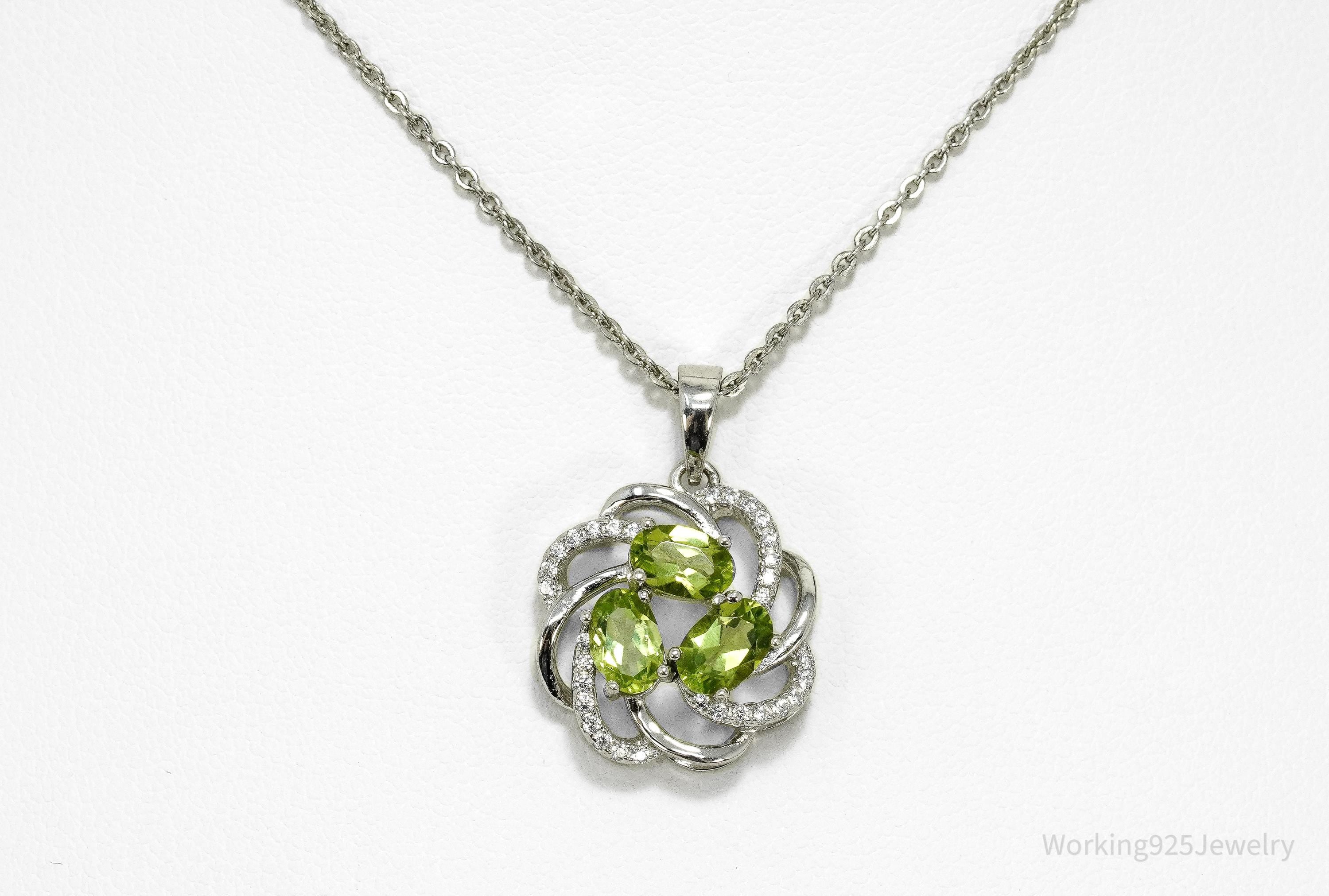 Vintage Peridot & Cubic Zirconia Sterling Silver Necklace 18"