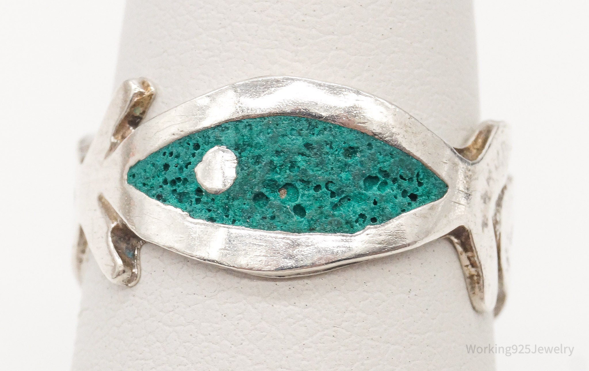 Vintage Mexico Handmade Turquoise Fish Sterling Silver Ring - Size 7.25