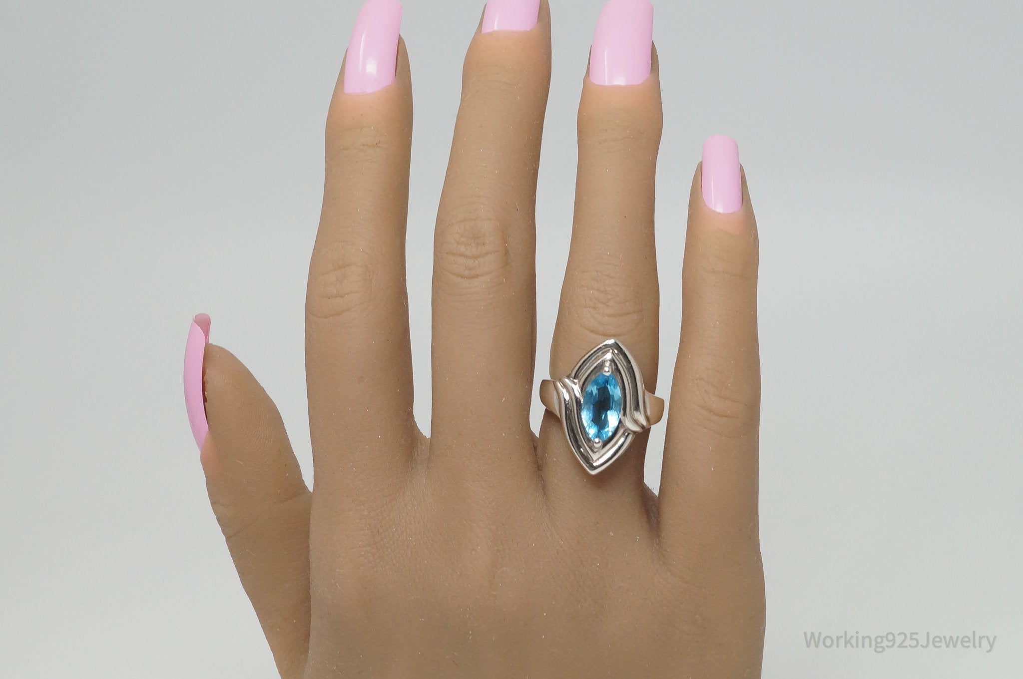 Vintage Designer Blue Topaz Art Deco Sterling Silver Ring - Sz 5.75