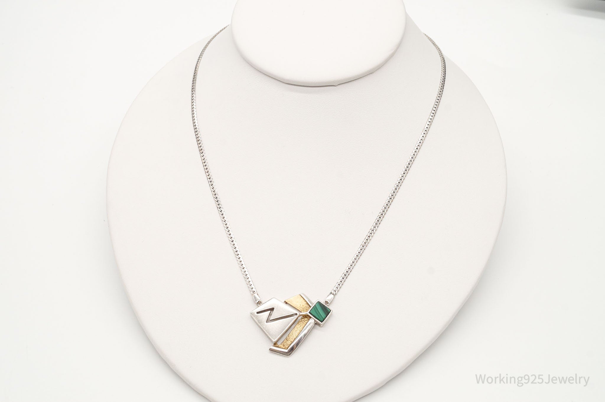 Vintage Malachite Modernist Gold Vermeil Sterling Silver Necklace