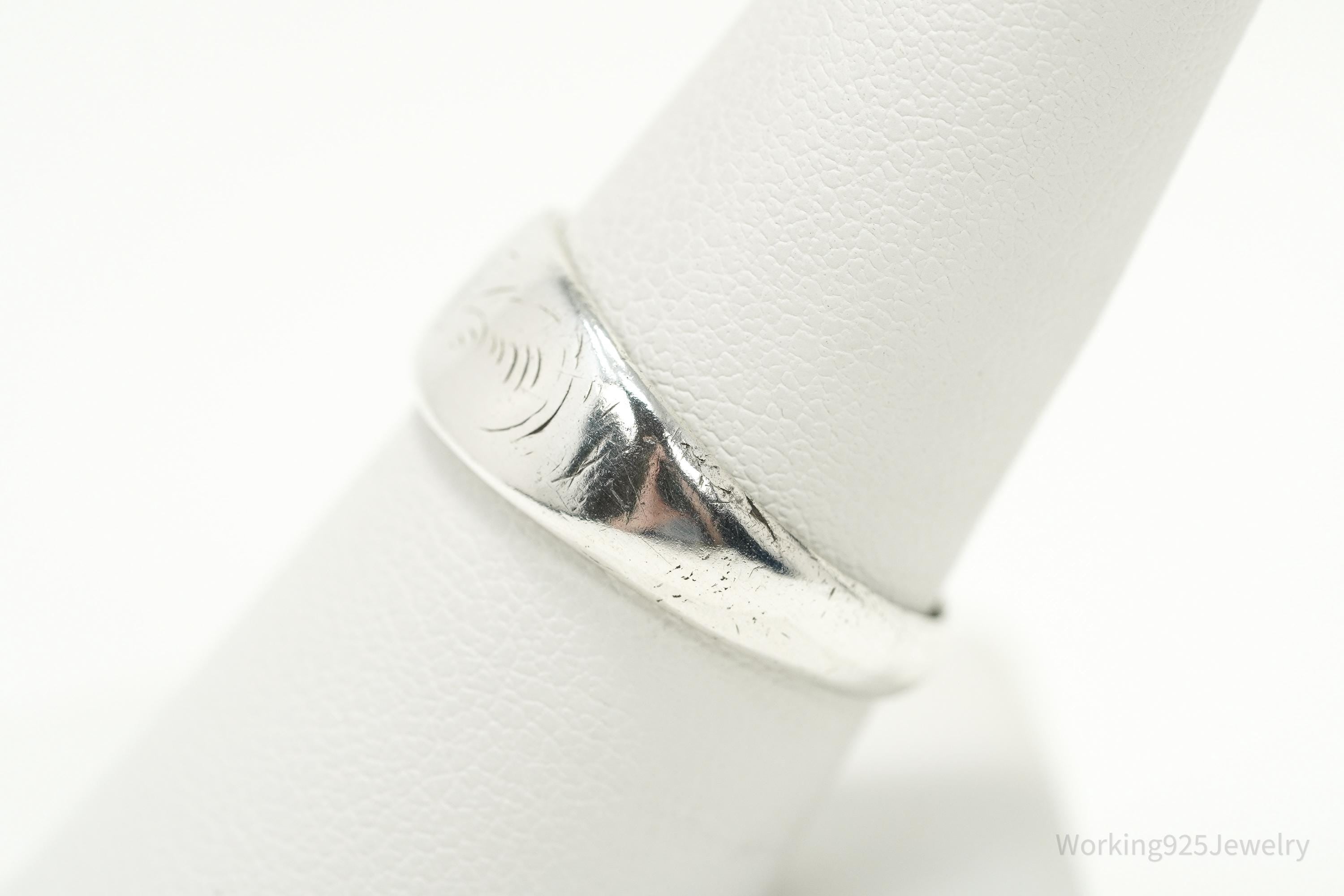 Antique Floral Etched Silver Band Ring - Size 8.25