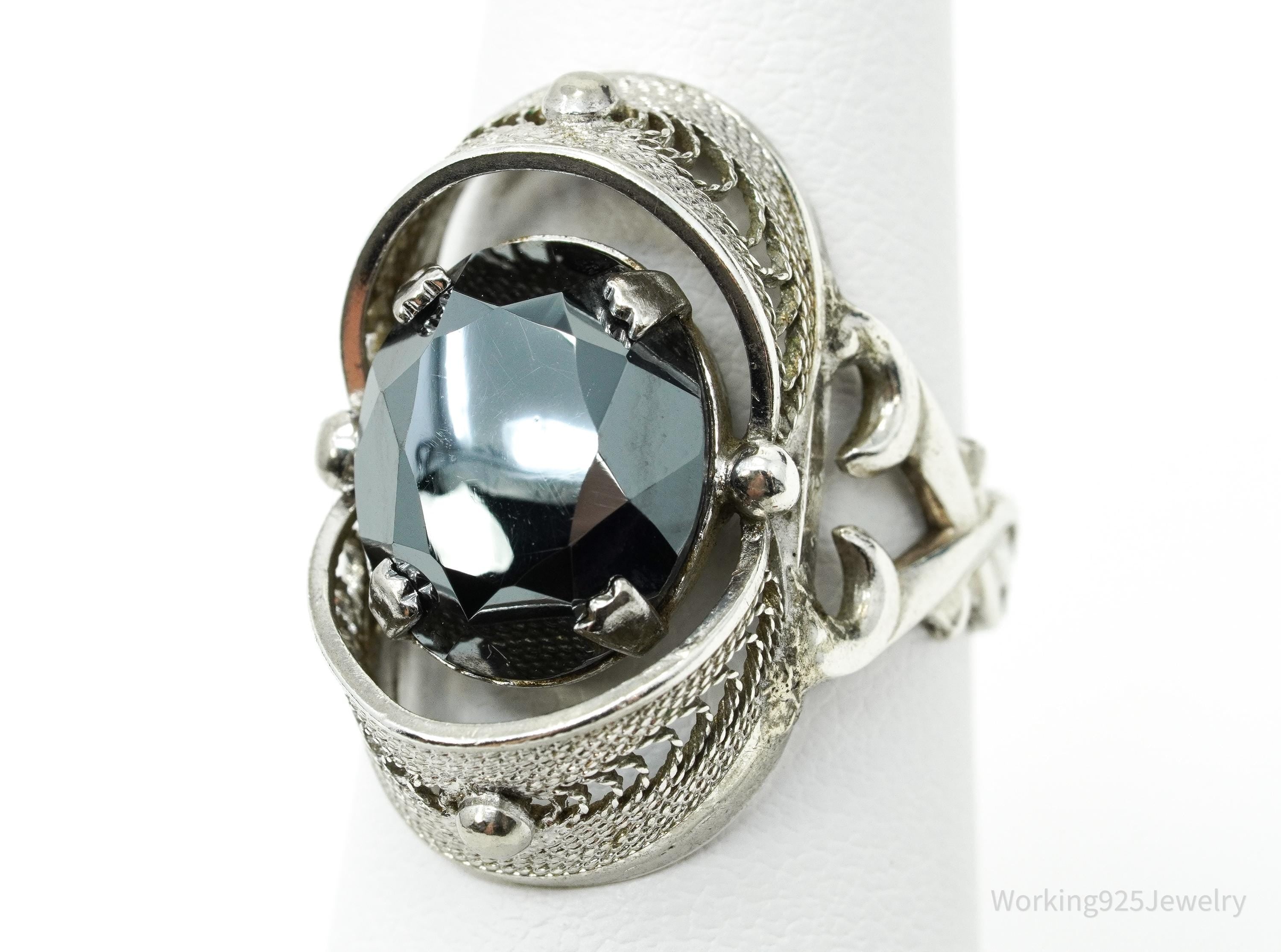 Vintage Hematite Ornate Sterling Silver Ring - Size 5.5