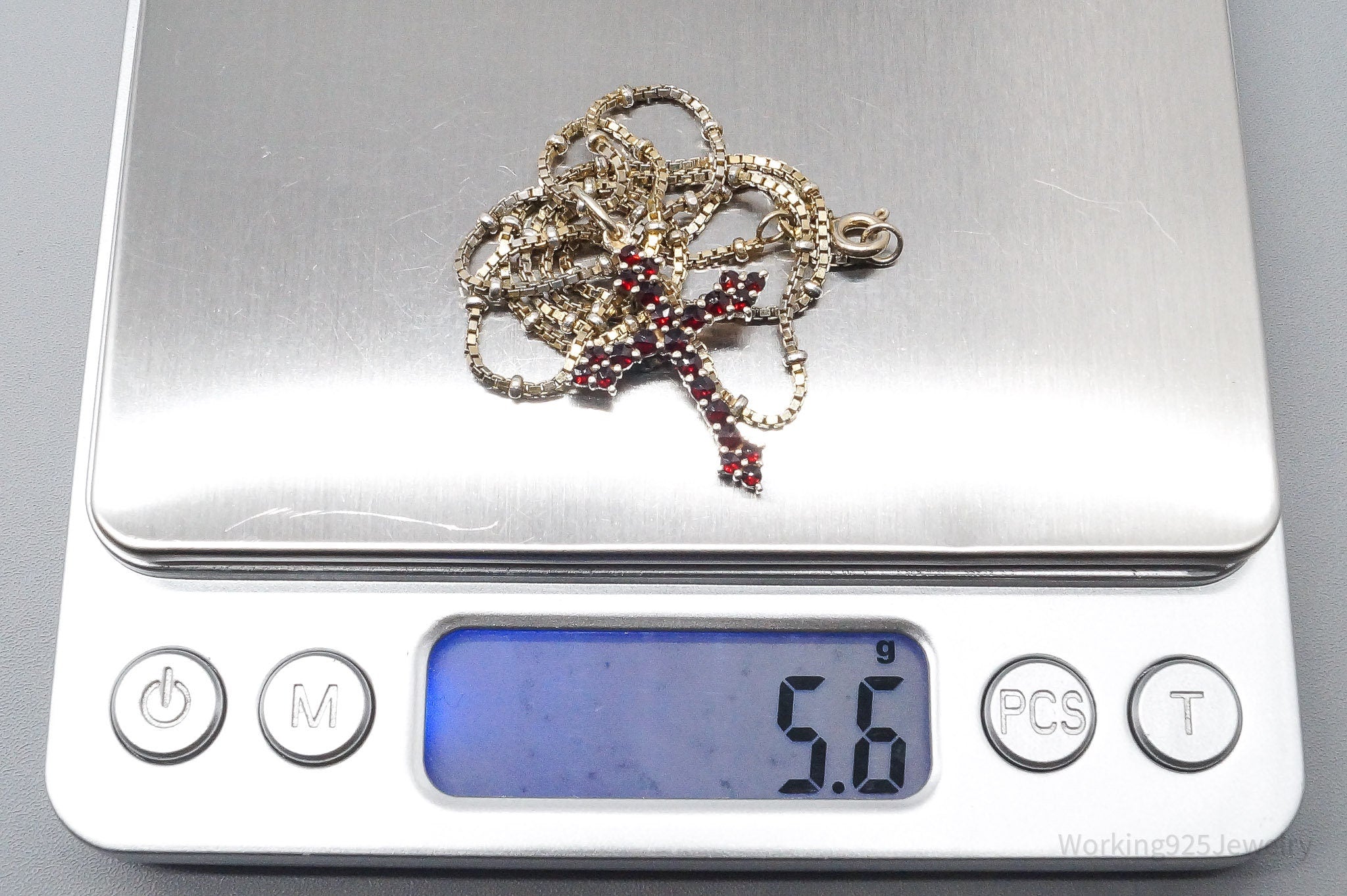 Antique Bohemian Garnet Gold Silver Cross Pendant Sterling Silver Necklace 18"