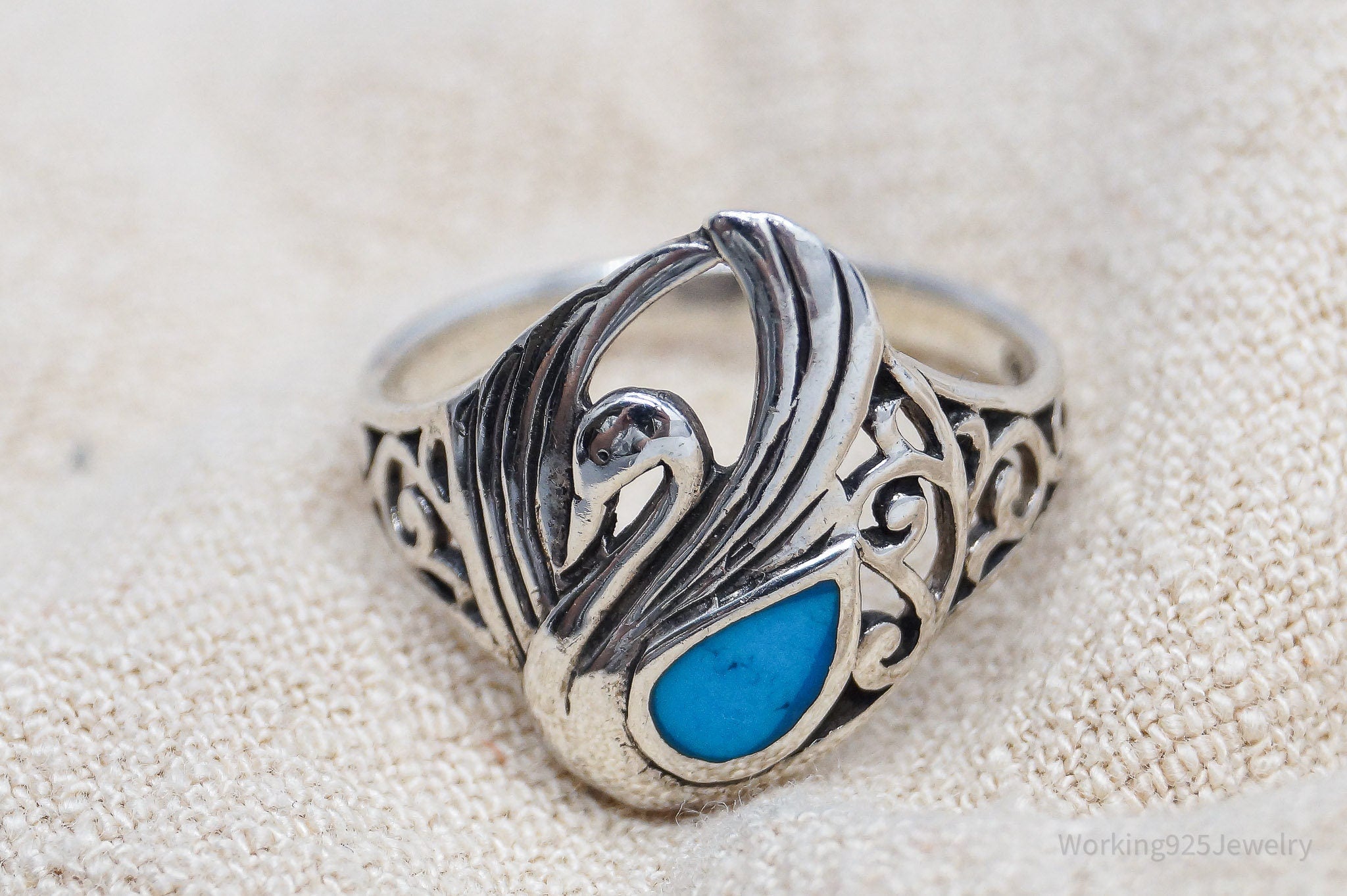 Vintage Boma Turquoise Inlay Swan Sterling Silver Ring - Size 6