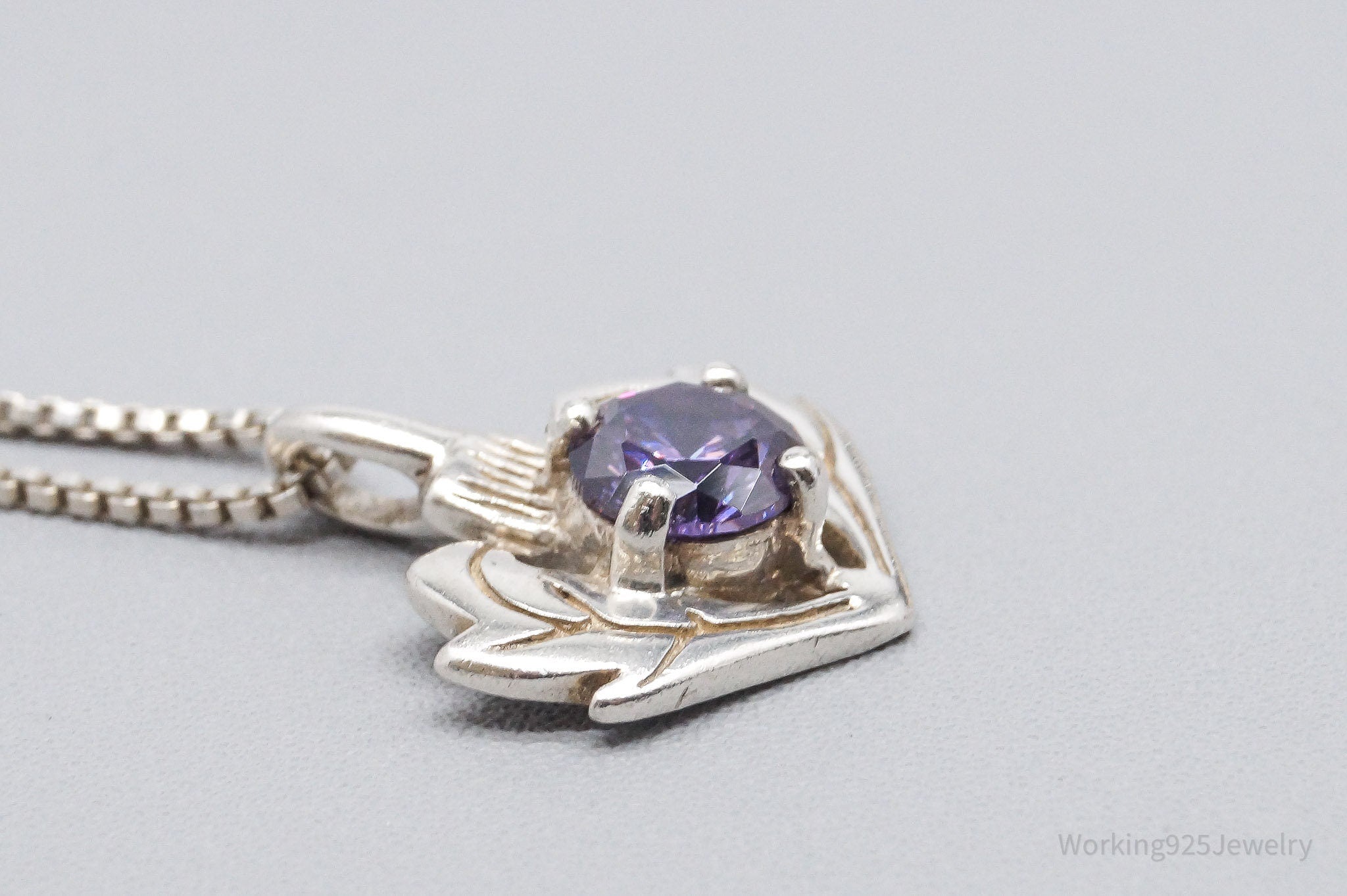 Vintage Purple Cubic Zirconia Scottish Thistle Sterling Silver Necklace 18"