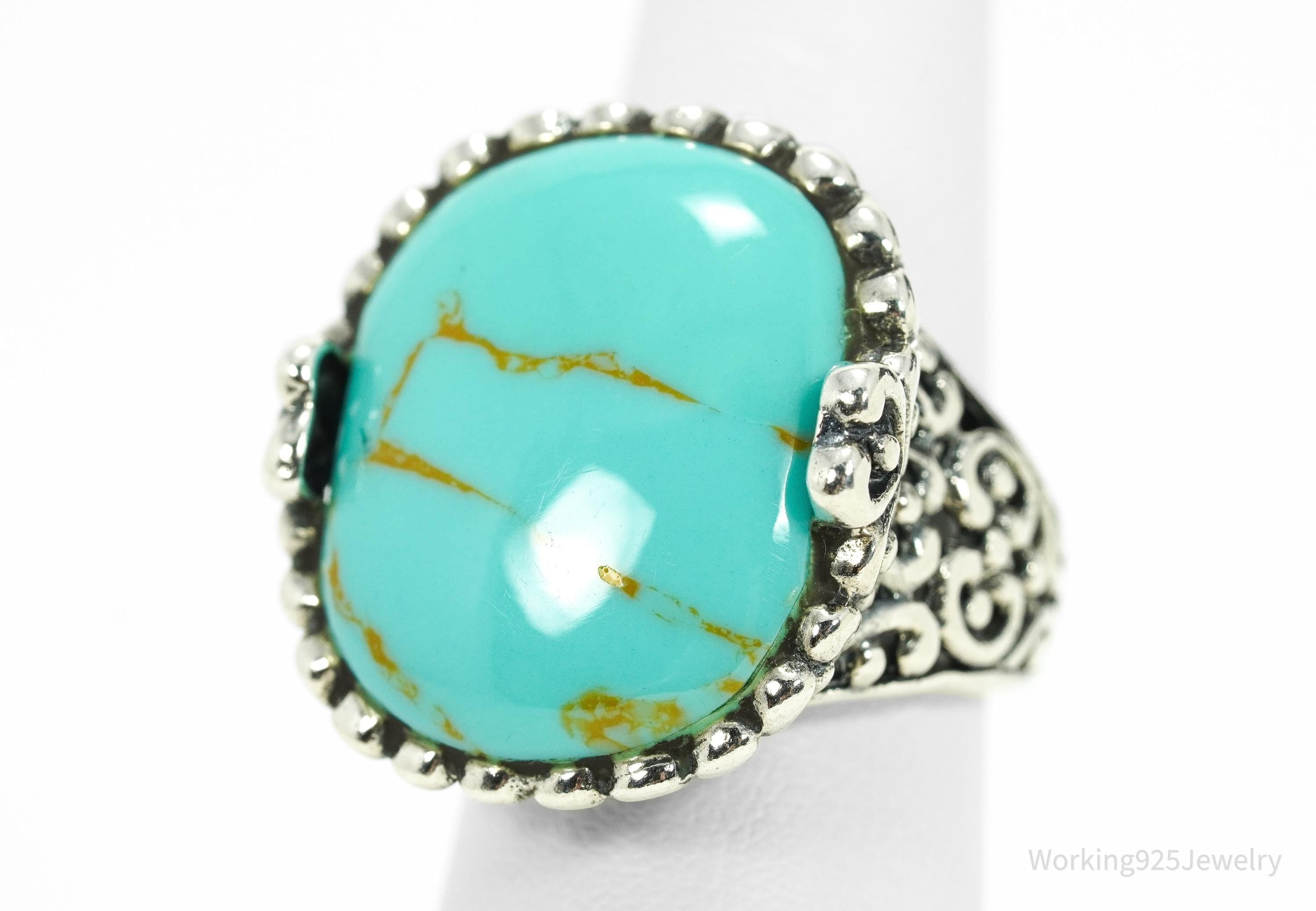 Vintage Turquoise Ornate Sterling Silver Ring - Size 7.25