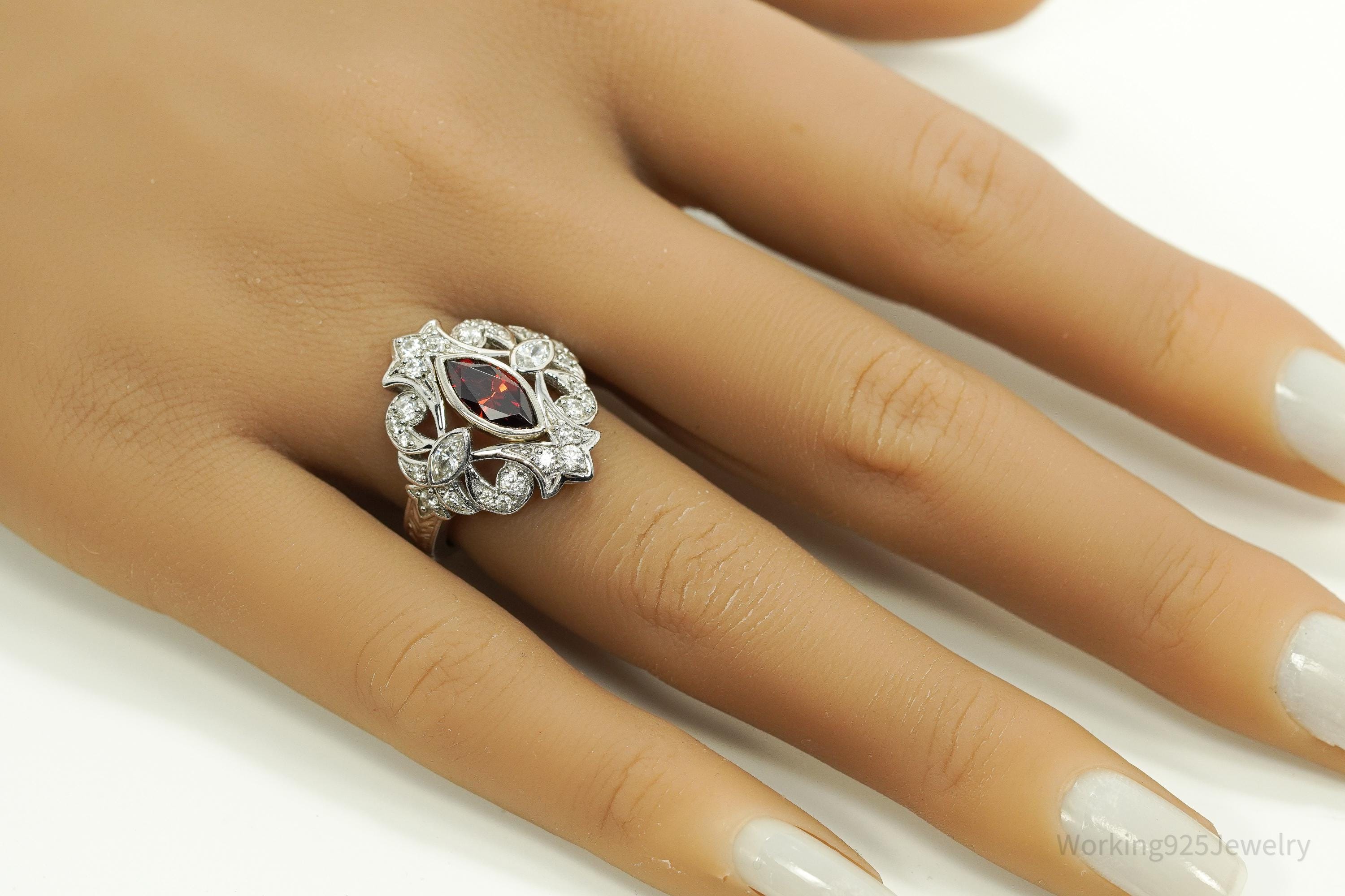 Vintage Garnet & White Zircon Sterling Silver Ring - Size 7