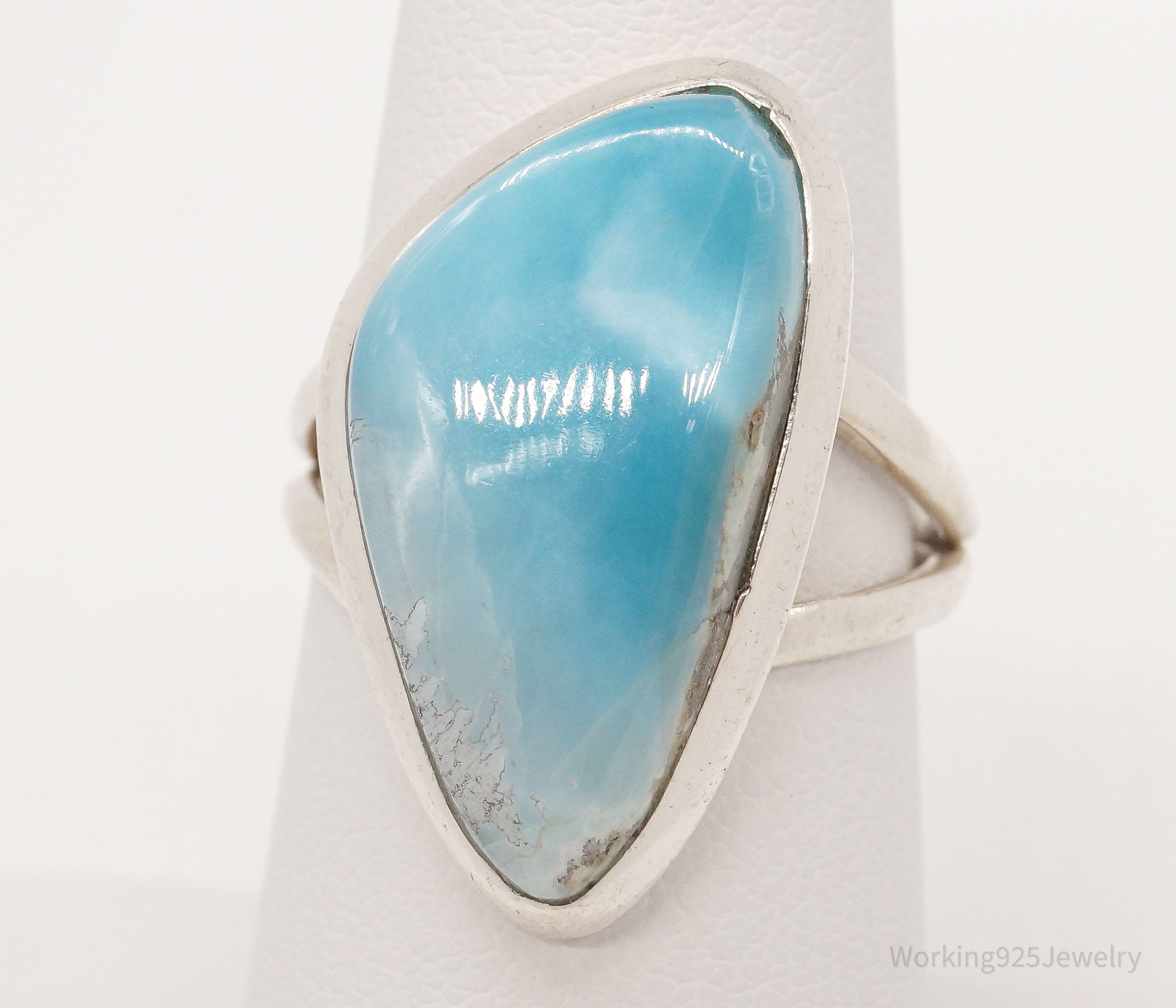 Vintage Large Blue Larimar Sterling Silver Ring - Size 7.5